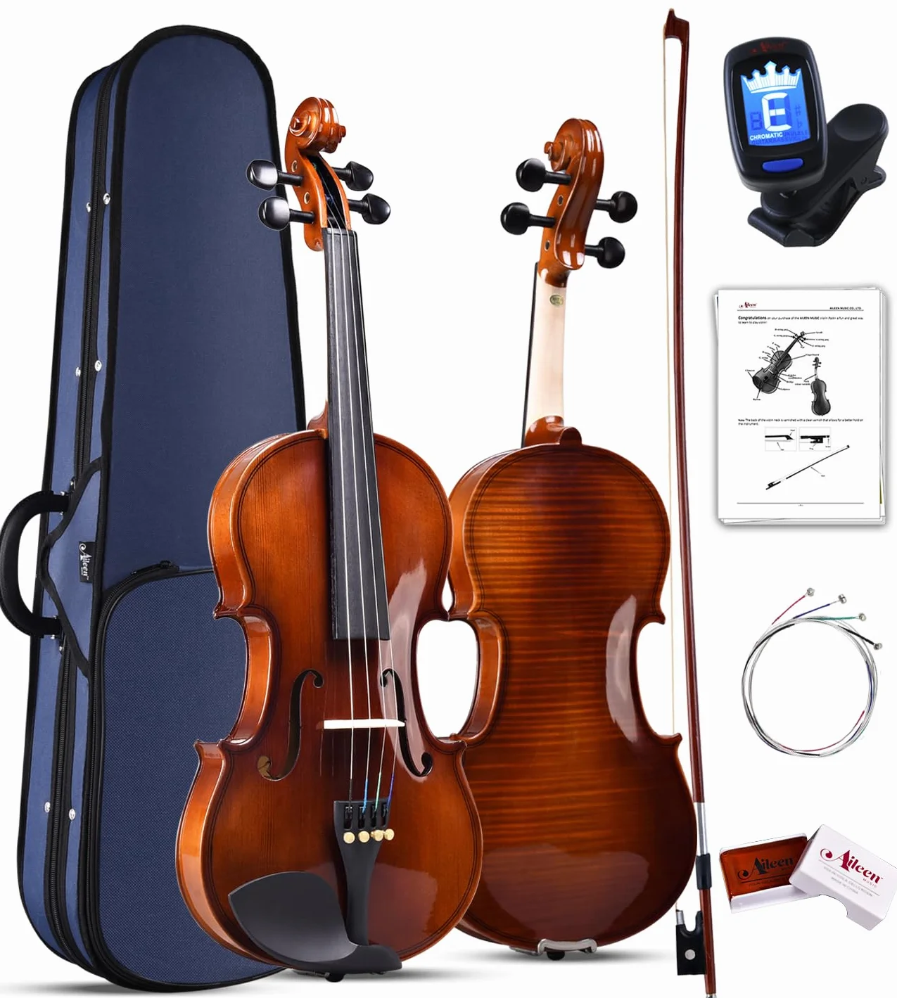 Aileen Violín Set Tamaño 4/4 para Principiantes Profesionales con Estuche Rígido, Afinador, Manual del Usuario, Cuerdas y Resina