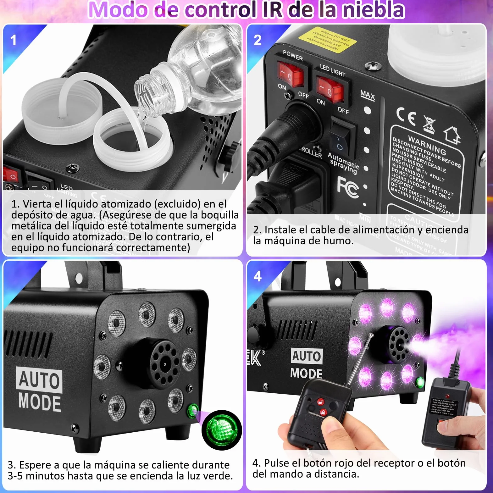 AGPtEK Máquina de Humo con 8 LED y 13 Colores de luces LED, Efectos RGB, Funcionamiento Separado con 2 controles remotos con cable e inalámbricos, para Fiestas Navidad, Bodas,Escenarios,Discoteca,DJ