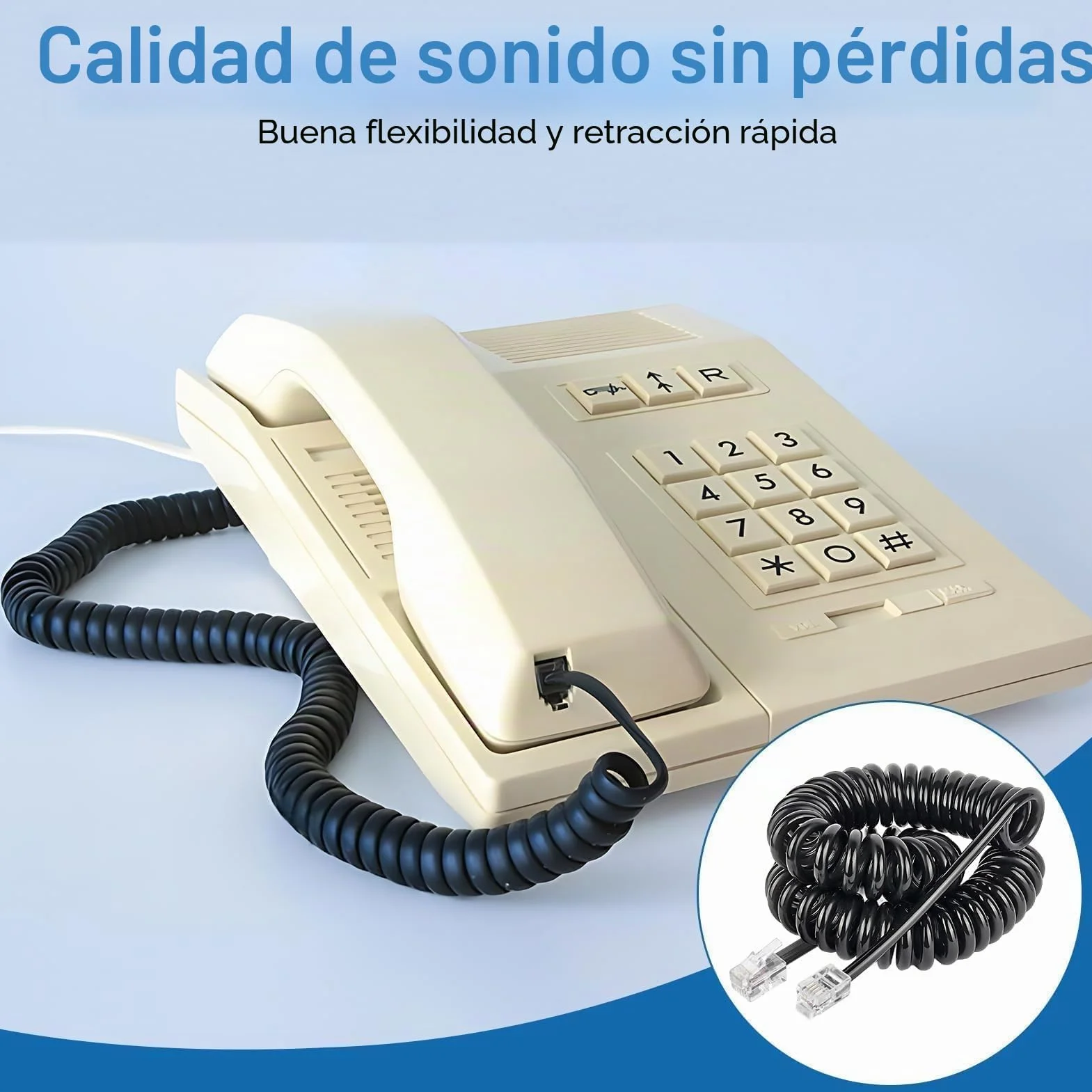 Paquete de 4 Cable Telefónico RJ9 RJ22 RJ10 2.5m en Espiral 4 Hilos 4P4C AT&T Cisco NEC ROLM