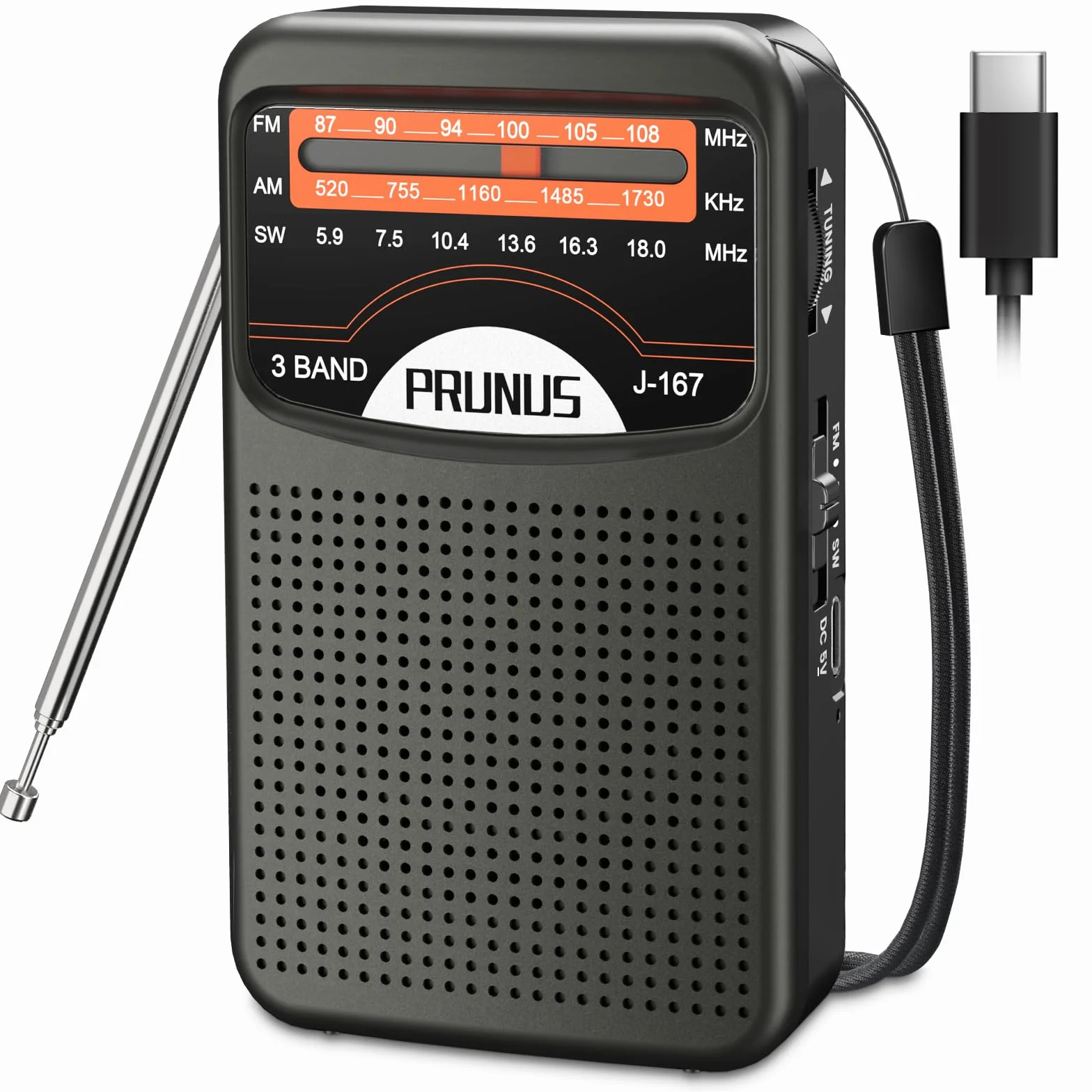 PRUNUS J-167 Am/SW/FM Radio Portatil Pequeña Recargable, Transistor Radio de Bolsillo con Excelente Recepción, Carga USB-C, con Toma de Auriculares, para Correr, Caminar, Viajar.