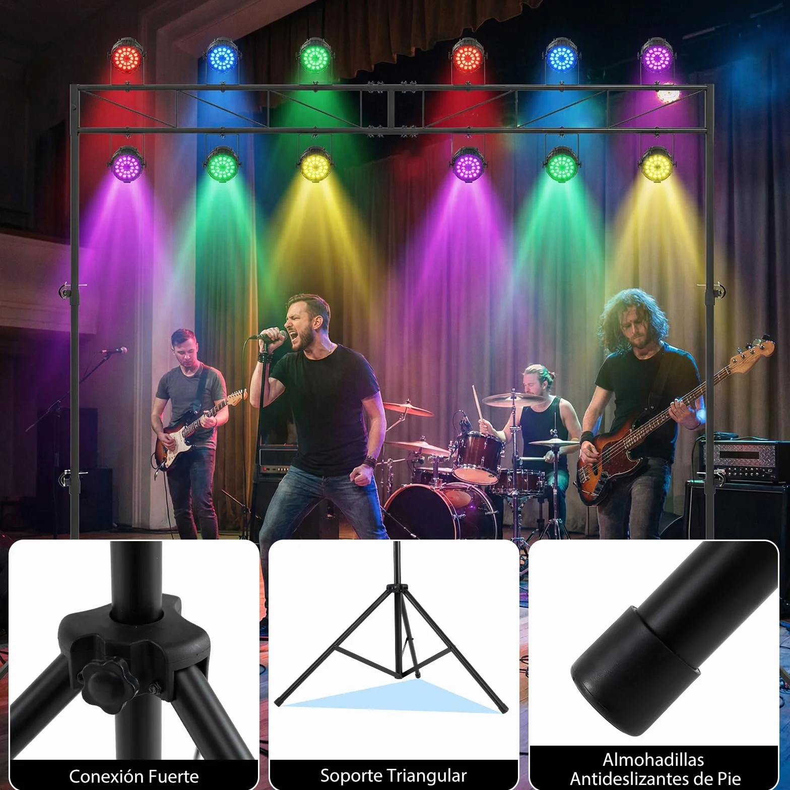 COSTWAY Soporte de Luz para DJ, Soporte de Truss Iluminación de Metal con Altura Ajustable en 140-265 cm, 2 Trípodes Plegables, 12 Puntos de Agarre, Soporte 50 kg, para Conciertos, Escenarios y Bodas