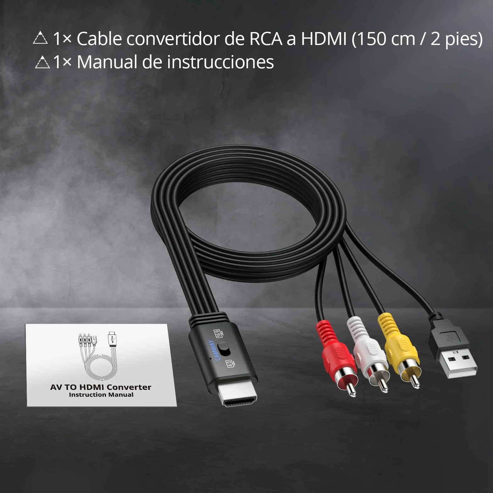 CAMWAY Adaptador RCA a HDMI con Switch 16:9/4:3, 1080P Convertidor AV a HDMI CVBS Compuesto con 150CM Cable RCA Macho Integrado, Diseño de Cable Todo en Uno, Compatible con PAL NTSC para DVD VCR VHS