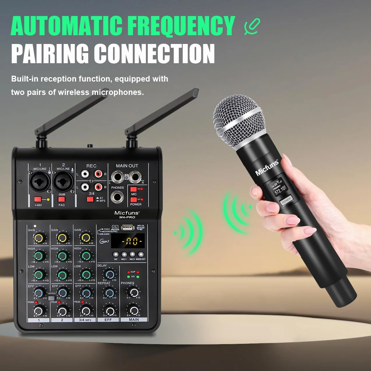 M4pro - Mezclador de audio, mezclador de 4 canales con micrófono inalámbrico dual, consola de placa de sonido, MP3, Bluetooth, 48 V, alimentación fantasma, USB, mezcla de DJ para el hogar,