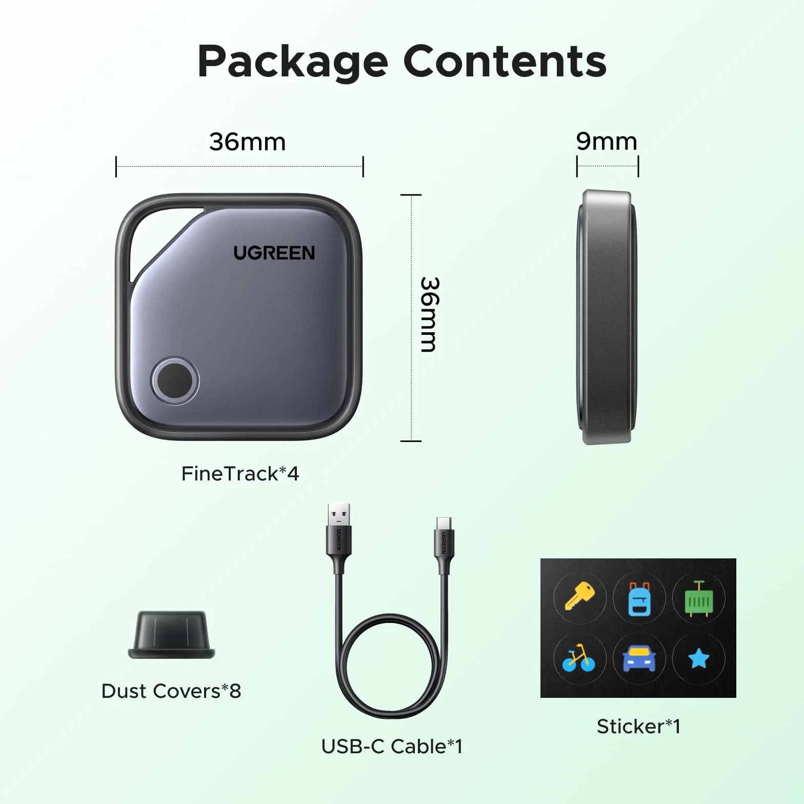 UGREEN FineTrack G Smart Finder Solo Android Localizador USB C Carga Rastreador Compatible con Google Find Hub para Cartera Llaves Equipaje Maleta, 1 Años de Batería(4 Piezas)