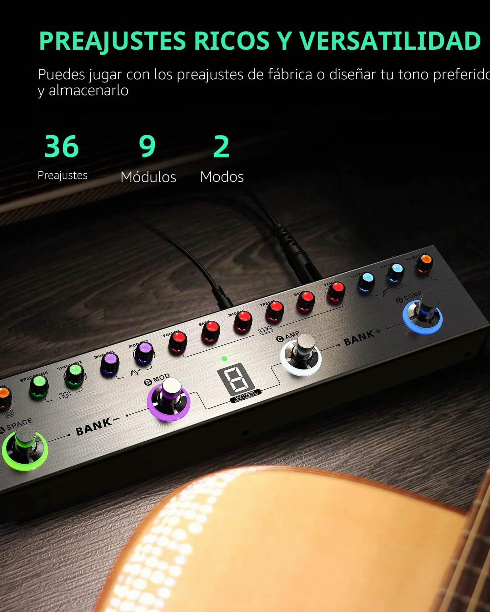 LEKATO Pedal Multi Efectos para Bajo con 36 Presets editables,Compresor,Space,MOD,Reverb,Carga IR,Grabación,Afinador,Batería incorporada,Conexión BT (Bajo)