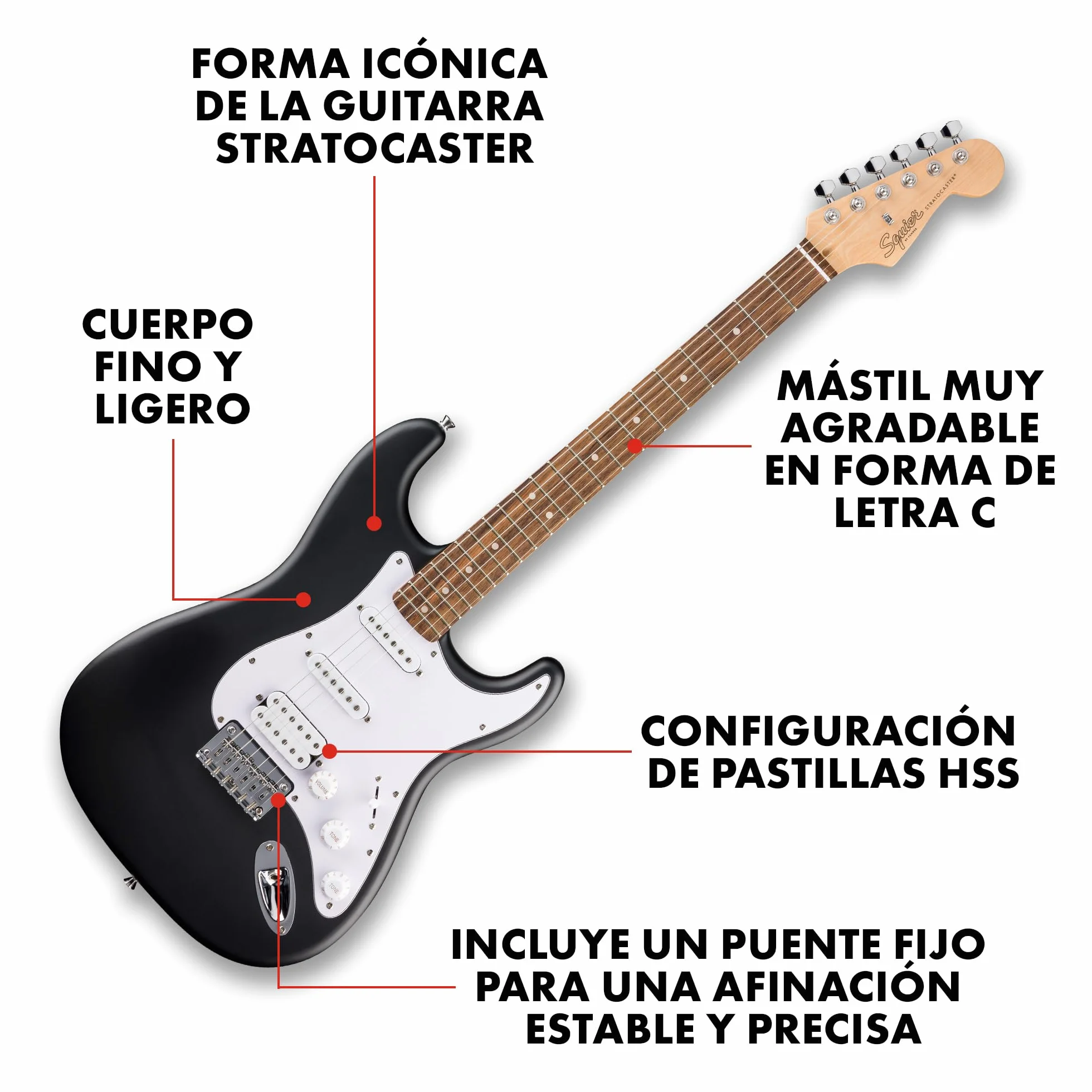 Fender Squier Debut HT HSS Series Stratocaster Guitarra Eléctrica, Guitarra para Principiantes, con 2 Años de Garantía, Black