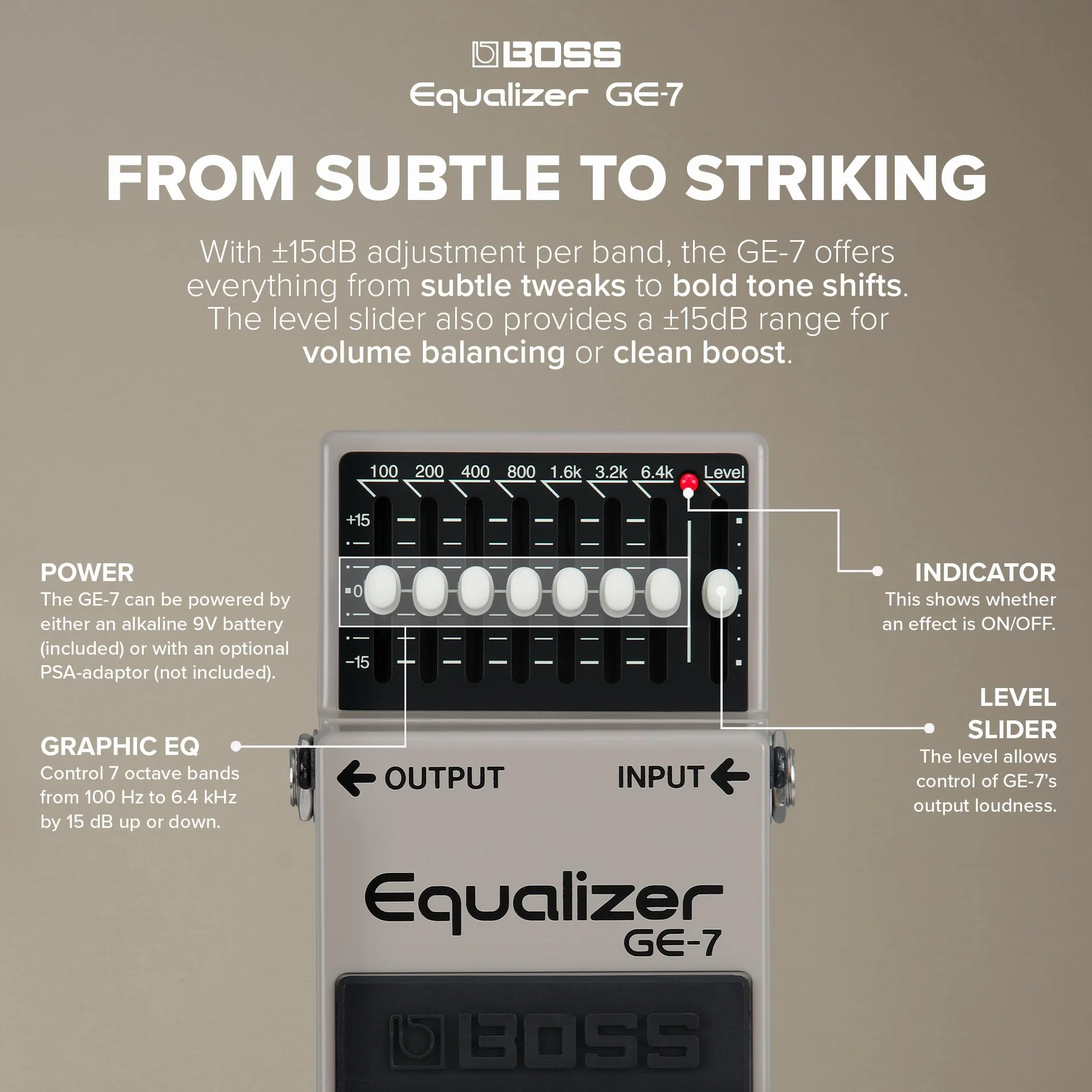 Pedal ecualizador de 7 bandas BOSS GE-7 — Pedal ecualizador compacto de 7 bandas con deslizadores de EQ ajustable