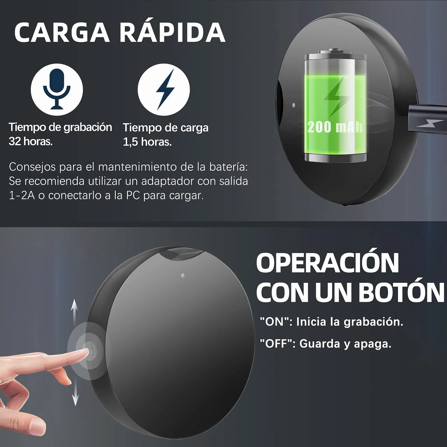 16GB Grabadora de Voz Profesional con Reproducción y OTG, Redonda Portátil Grabadora Activacion por Voz, hasta 192 Horas Grabación y 32 Horas Batería, Pequeño Dispositivo de Grabación