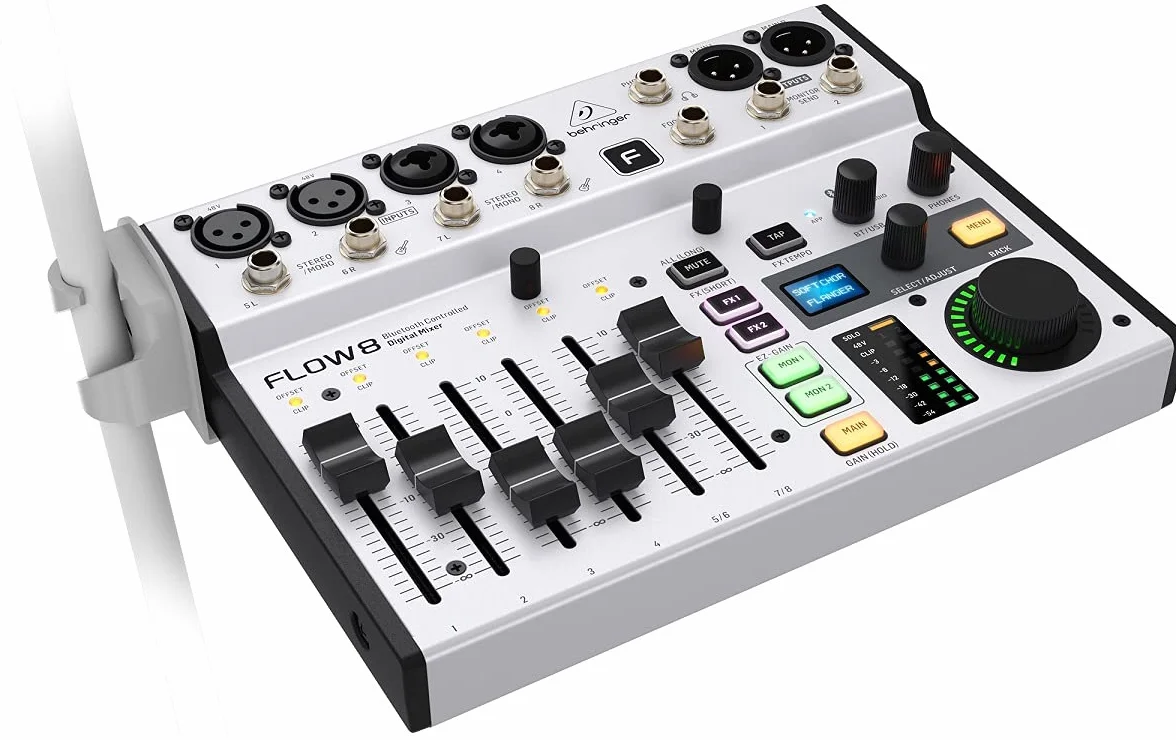 Behringer FLOW 8 Mezclador Digital De 8 Entradas Con Control De Audio Y De Aplicaciones Por Bluetooth, Faders De Canal De 60 Mm, 2 Procesadores De Efectos Y Una Interfaz USB/De Audio