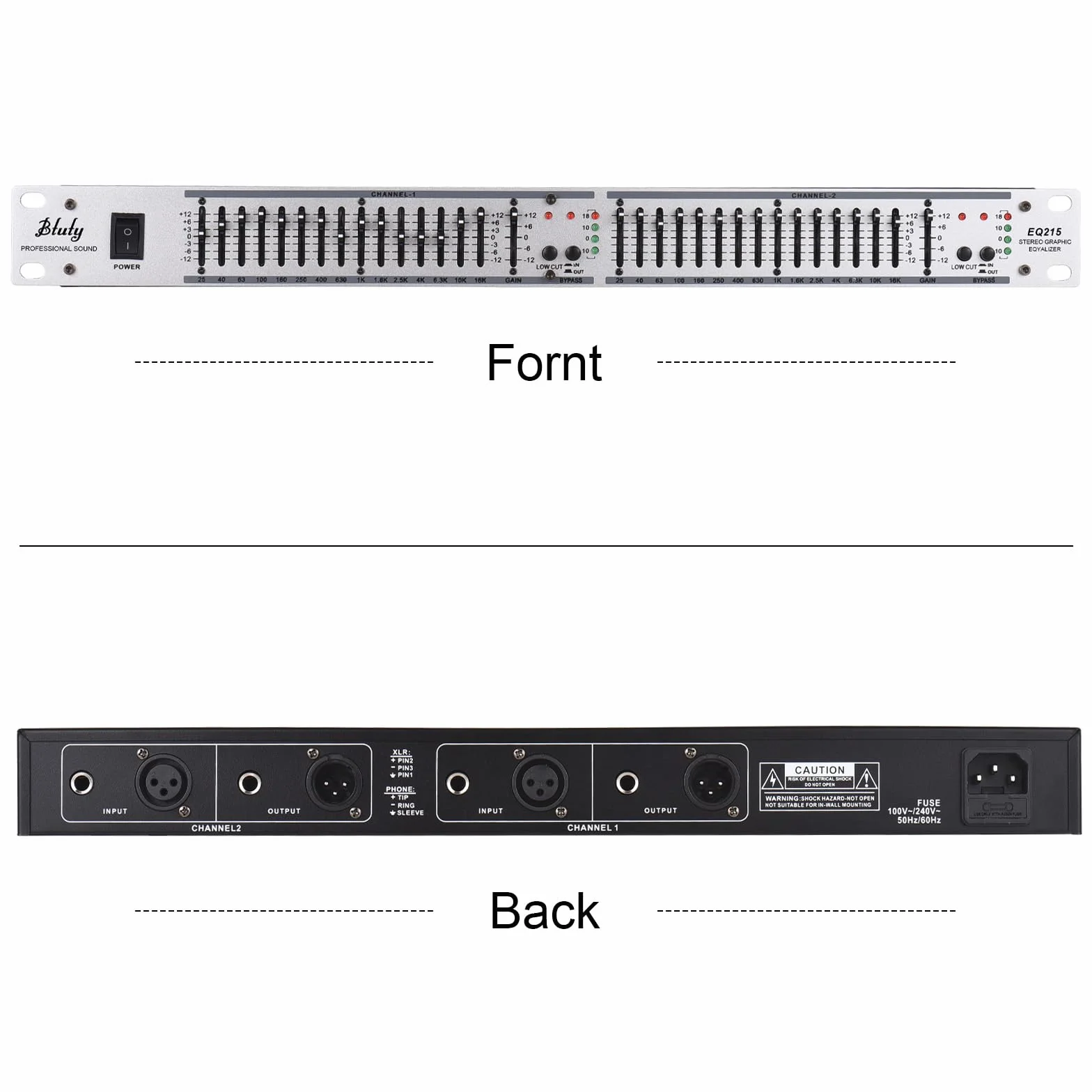 Btuty EQ-215 Dual Channel 15-Band Equalizer 1U Rack Mount 2-channel Stereo Graphic Equalizer