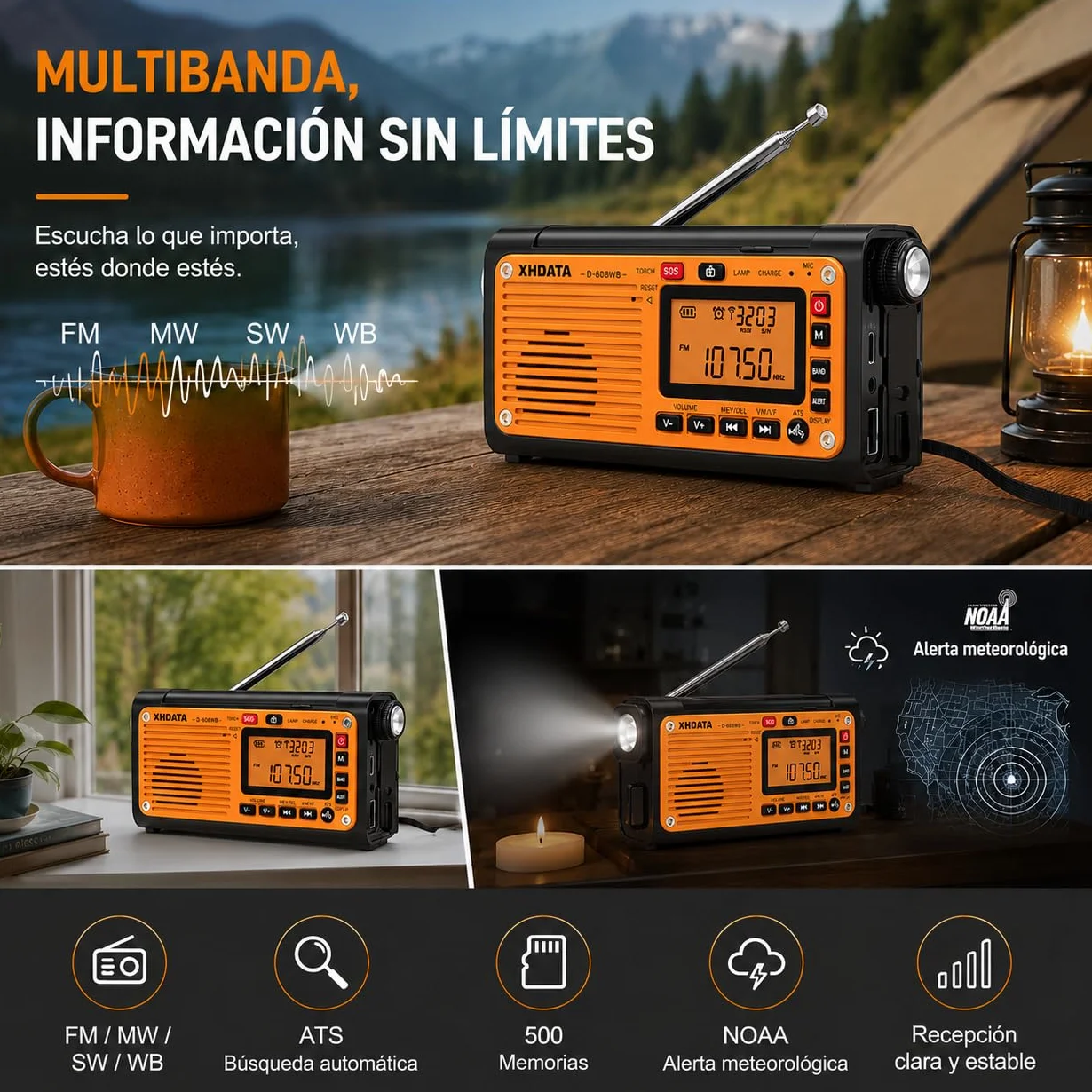 XHDATA D608WB Radio de Emergencia Portátil FM/AM/SW Manivela Solar 3000mAh con Alarma SOS y Bluetooth