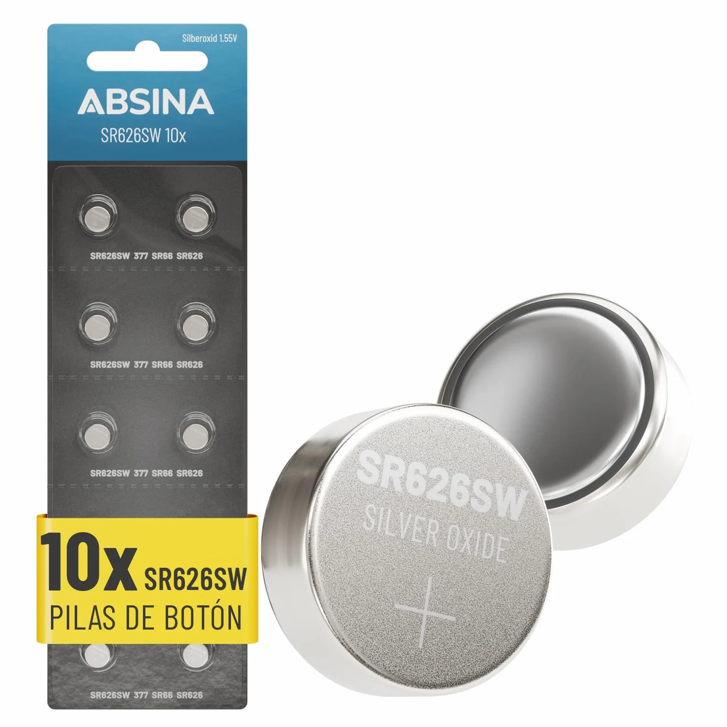 ABSINA 10x Pila SR626SW para Reloj 1,55V óxido de Plata - Pilas Reloj SR626SW a Prueba de Fugas y de Larga duración - 377 / SR66 / SR626 / 626 / AG4 - Pila 377A