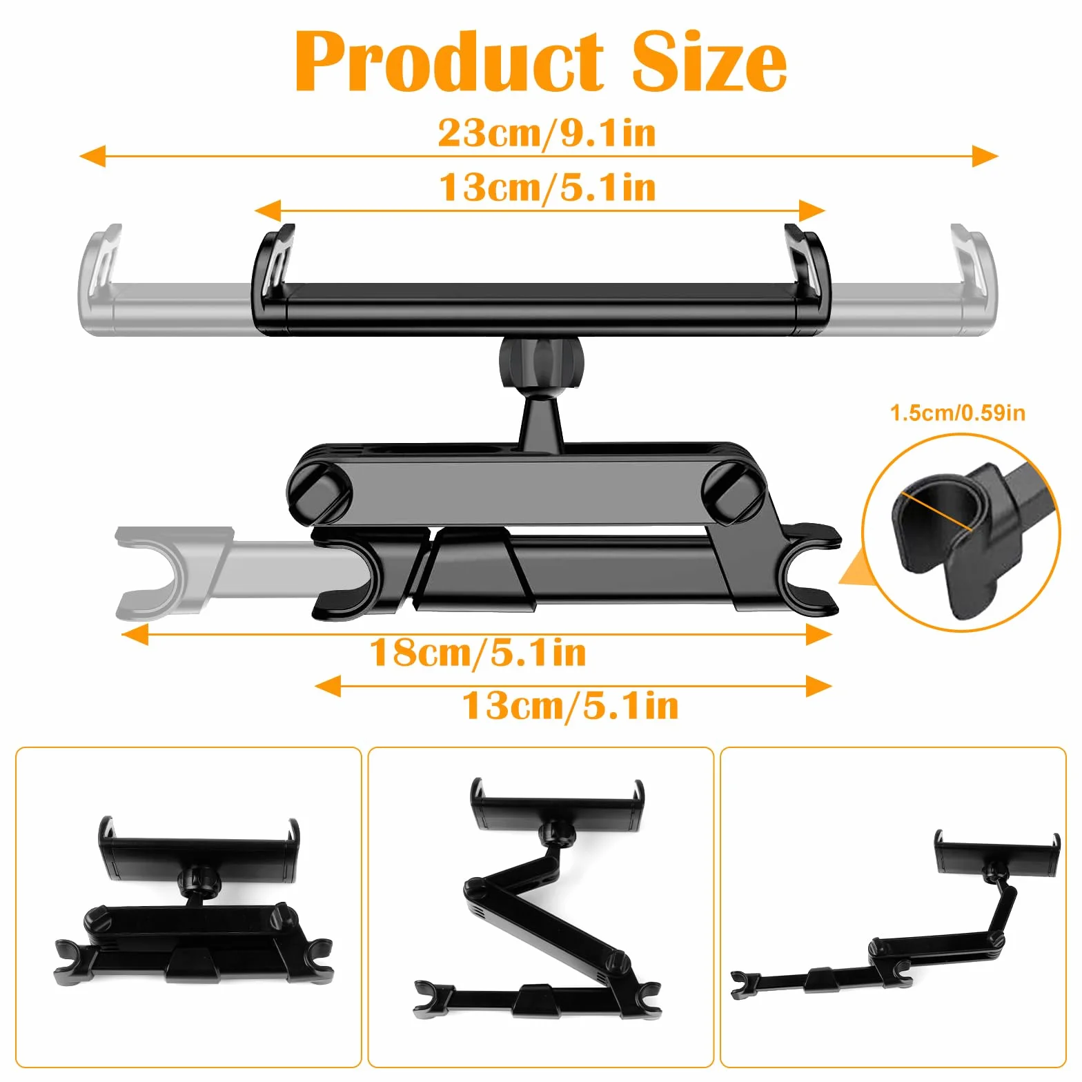 Soporte Tablet Coche Asiento Trasero, Soporte para Tableta en el Reposacabezas con Brazo Telescópico, Rotación 360°, Compatible con iPad, Switch, Móviles 4.7-13 Pulgadas, Negro
