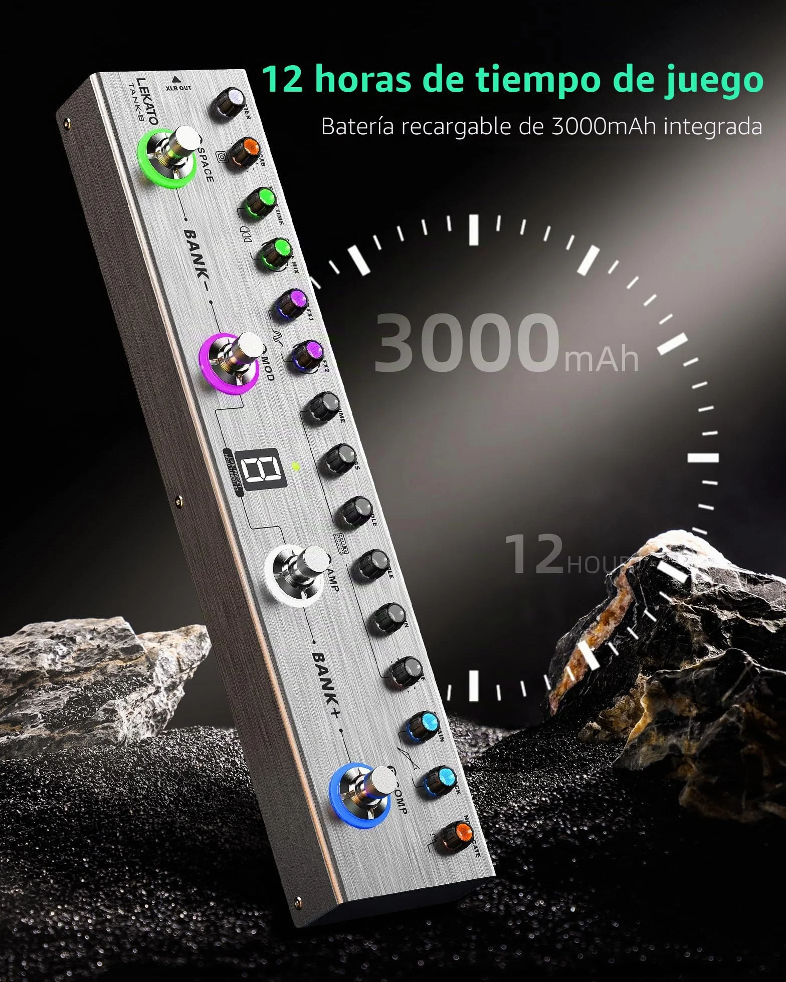 LEKATO Pedal Multi Efectos para Bajo con 36 Presets editables,Compresor,Space,MOD,Reverb,Carga IR,Grabación,Afinador,Batería incorporada,Conexión BT (Bajo)