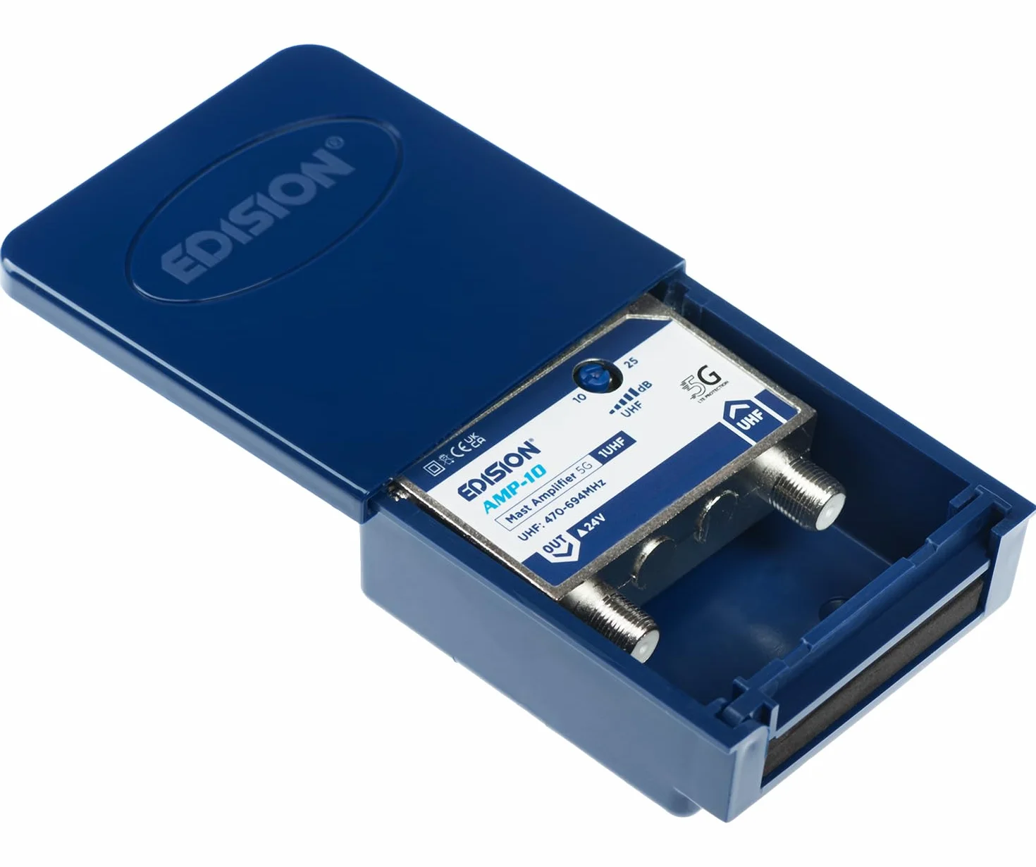 EDISION MAK-100 Kit: Amplificador Antena TV de mástil 1UHF, 10-25db, 107dBmV, 24V, para Digital Terrestre DVB-T/T2, con Filtro 5G LTE, + Fuente de Alimentación 24V 200mA F 2 Salidas