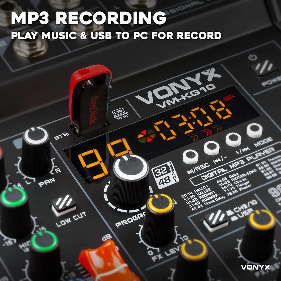 Vonyx VM-KG10 Mesa mezcladora de música de 10 canales con interfaz de audio USB, Bluetooth y efectos DSP integrados
