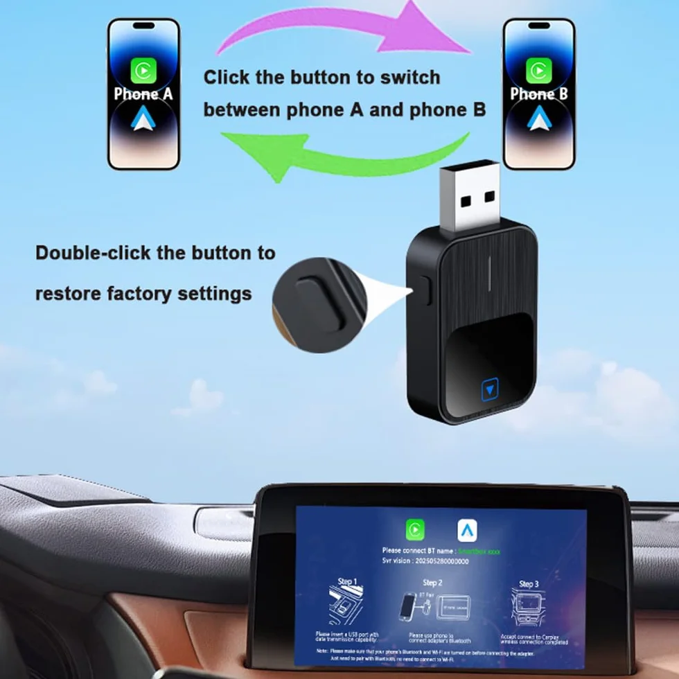CarPlay Inalambrico para BMW X1 2018-2024, Adaptador 2 en 1 CarPlay con Conexion Automatica, Plug and Play Cable a Inalámbrico