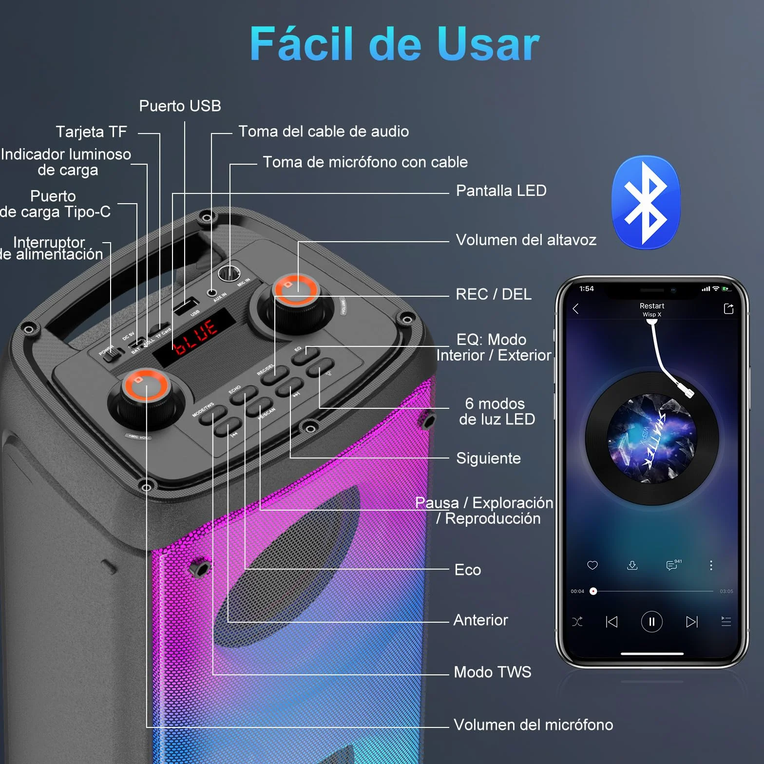 Máquina de Karaoke 2 Micrófonos Inalámbricos, Máquina de Karaoke Portátil para Adultos y Niños, Sistema PA con Luces LED, Altavoz Bluetooth Soporta para Tarjeta TF/USB, Entrada AUX, Rec,TWS