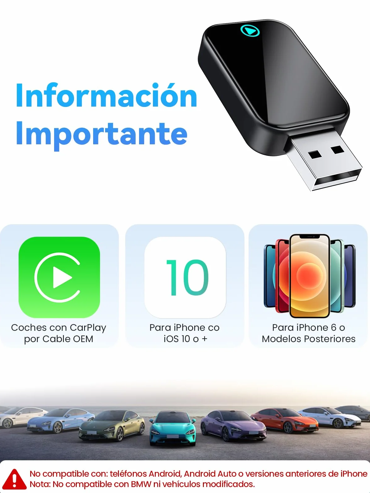 Adaptador Carplay Inalámbrico S2 Mini para iPhone, USB A/C, iOS 10+, Coches 2016+ (Negro)