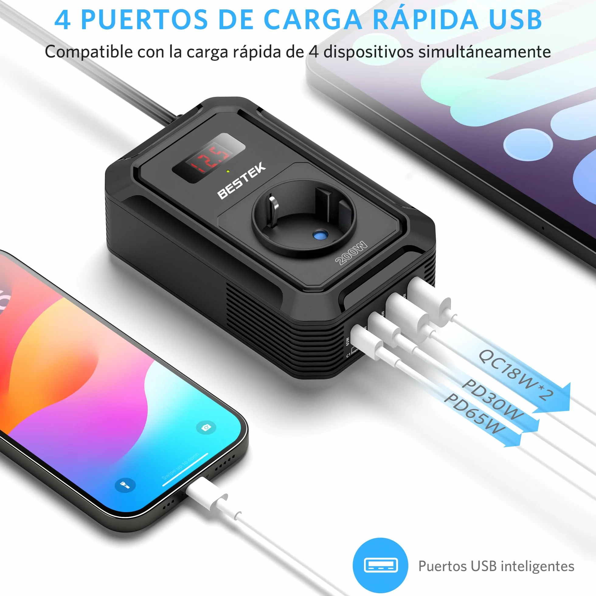 BESTEK Inversor 12v 220v Onda Pura 200W,Transformador 12V a 220V Convertidor Onda con 2 AC Tomas Y 2 USB-C (65 W y 30 W) 2 USB-QC (18 W) sinusoidal con Protección para Barco,Caravana,Coche（Negro）