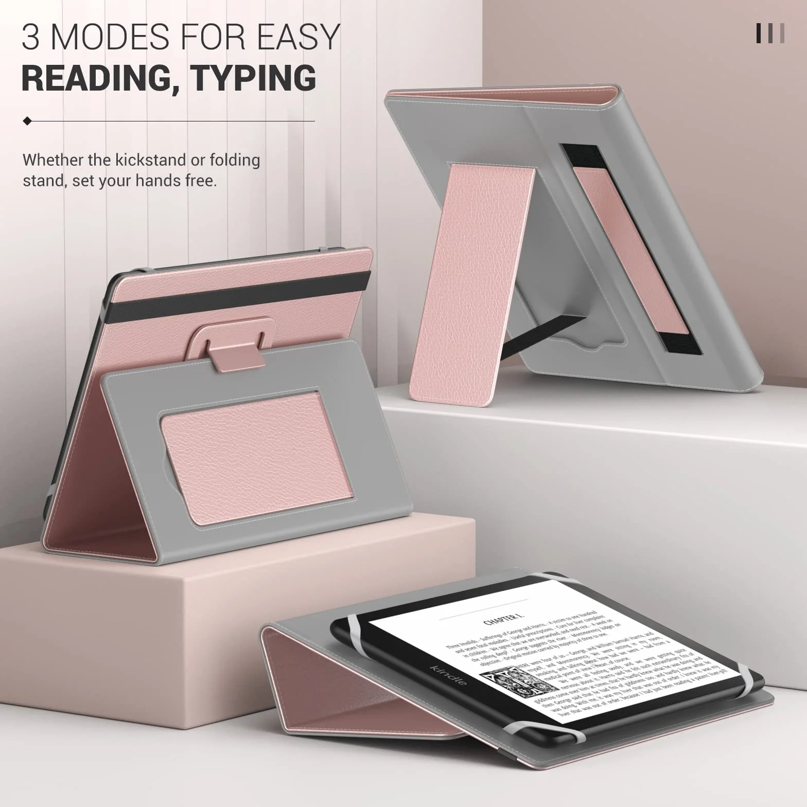 Funda Universal MoKo para Kindle eReaders Fire 6, 6.8, 7 Pulgadas, Piel Sintética, Correa de Mano, Soporte, Rosa