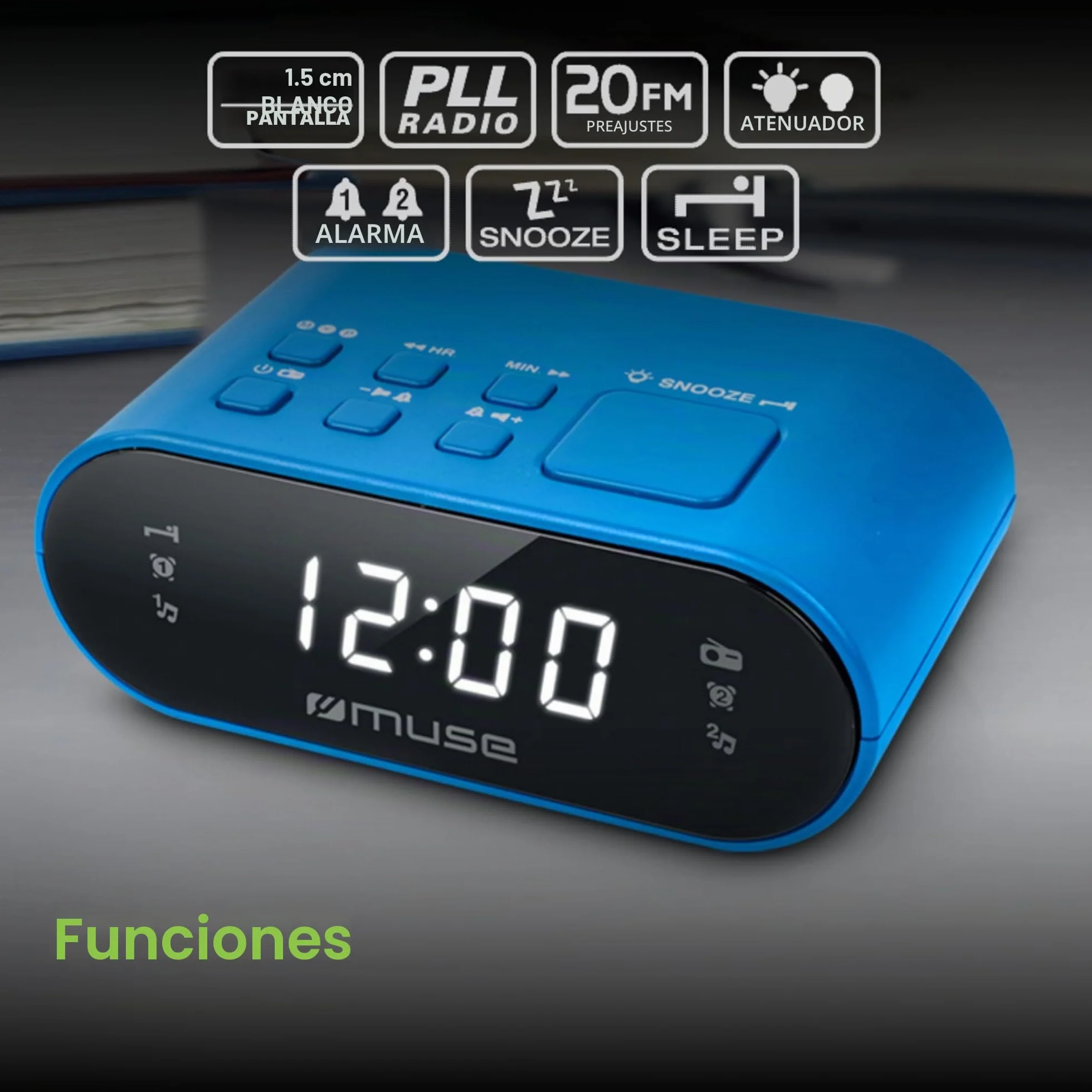Muse M-10 - Radiodespertador con 2 alarmas PLL, Reloj de 24 Horas, regulador de Intensidad, Color Azul