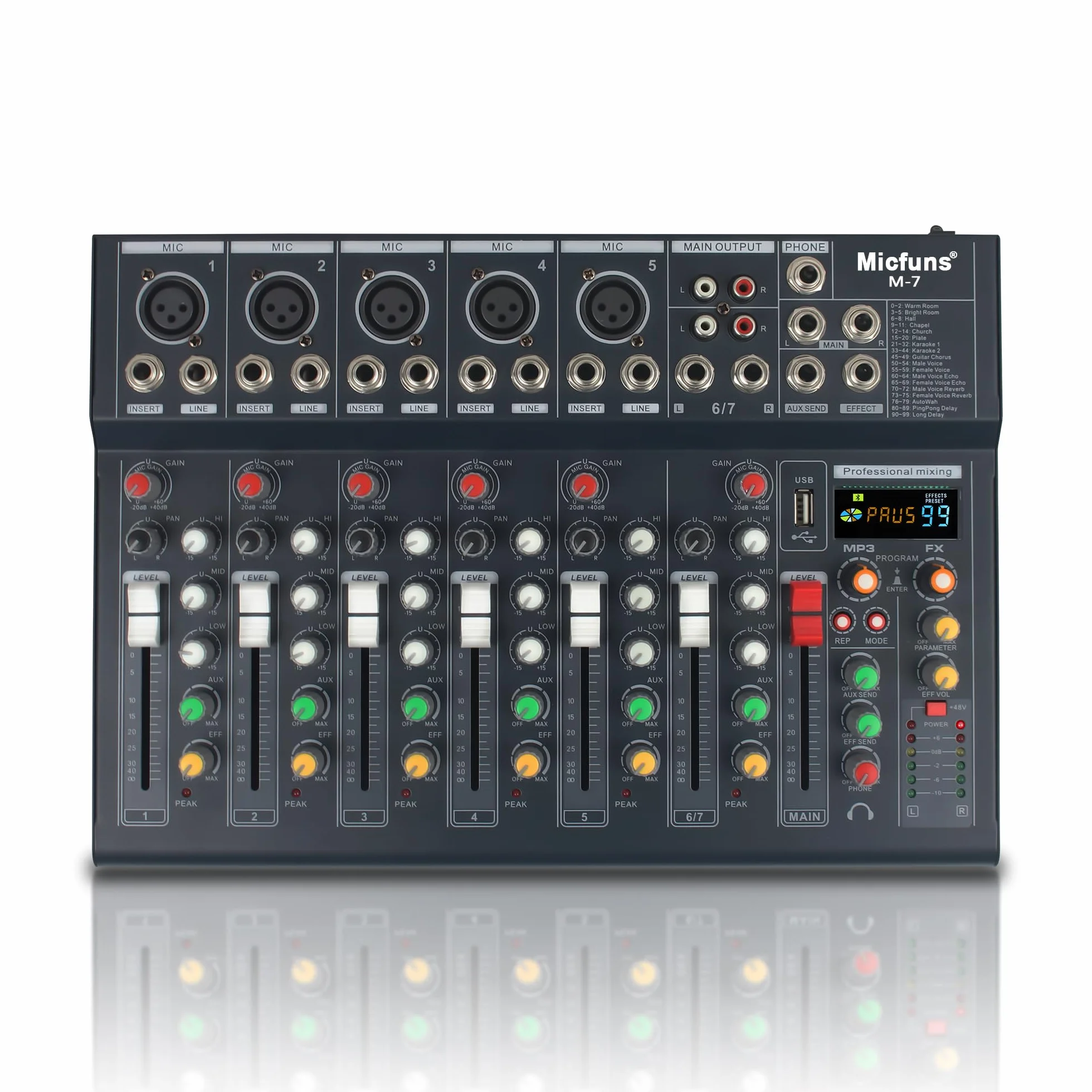 M7 - Mezcladores de grabación sin alimentación de 5 V con 99DSP, MP3, USB, DJ, Bluetooth, consola mezcladora de audio de 48 V, tablas de mezcla de bandas de 7 canales para grabación de estudio