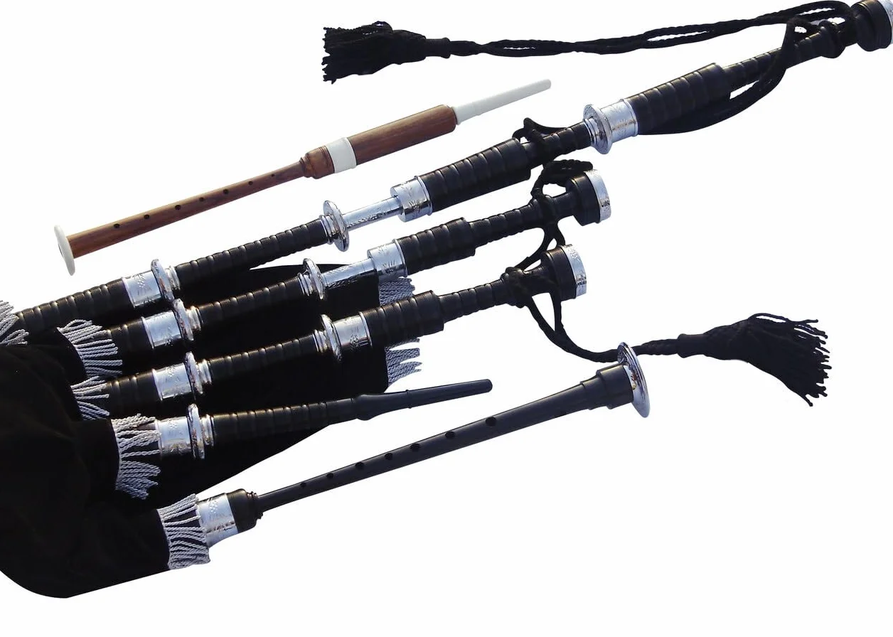 Great Highland Gaitas de Hakam Din - Madera de cocobolo sombreada negra con soportes grabados de níquel plateado y cordón de cubierta de terciopelo negro para estudiantes, kit completo de iniciación