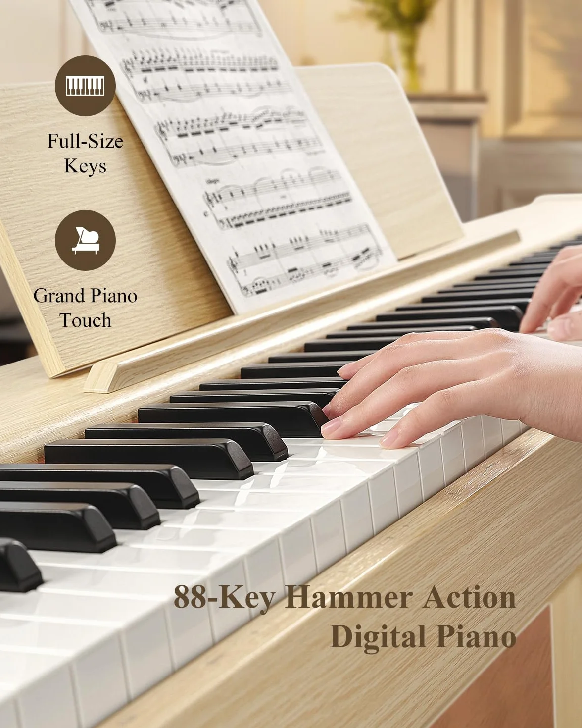 Eastar EUP-110 Piano Digital 88 Teclas Contrapesadas, Piano Eléctrico para Principiantes, con Auriculares, Pegatinas Musicales, Pantalla, 3 Pedales, Conexión Inalámbrica, Grabación - Madera Clara