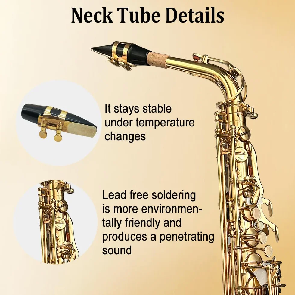 Yinfente Saxofón plano con 10 lengüetas, 8 almohadillas, funda rígida y más, para estudiantes, principiantes, adultos, saxofón alto, kit de saxofón(oro)