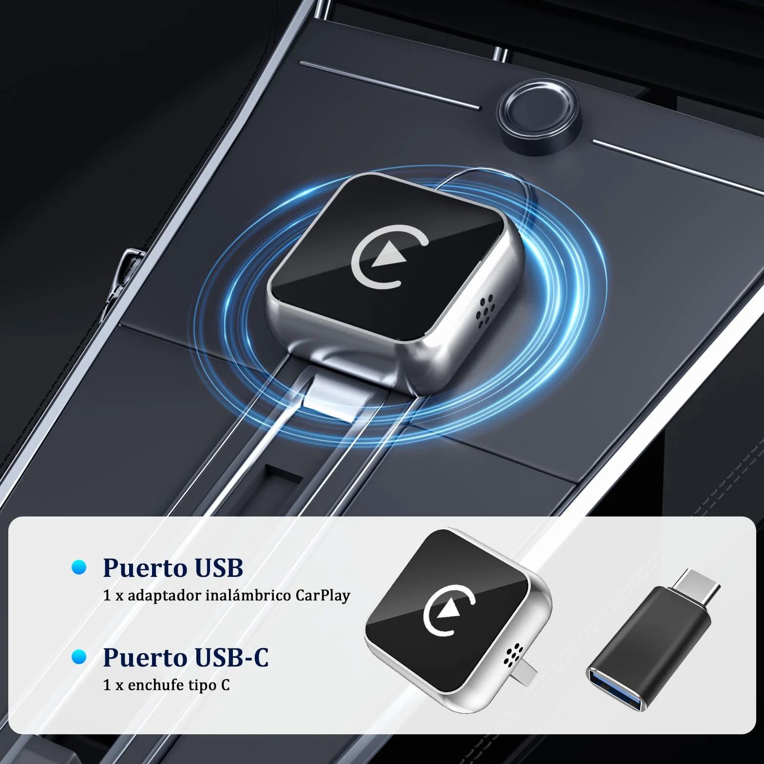 Adaptador Inalámbrico 2 en 1 CarPlay Android Auto USB A/Tipo-C Compatible iPhone 6+ iOS 10+ Android 11+ Plug & Play Acero