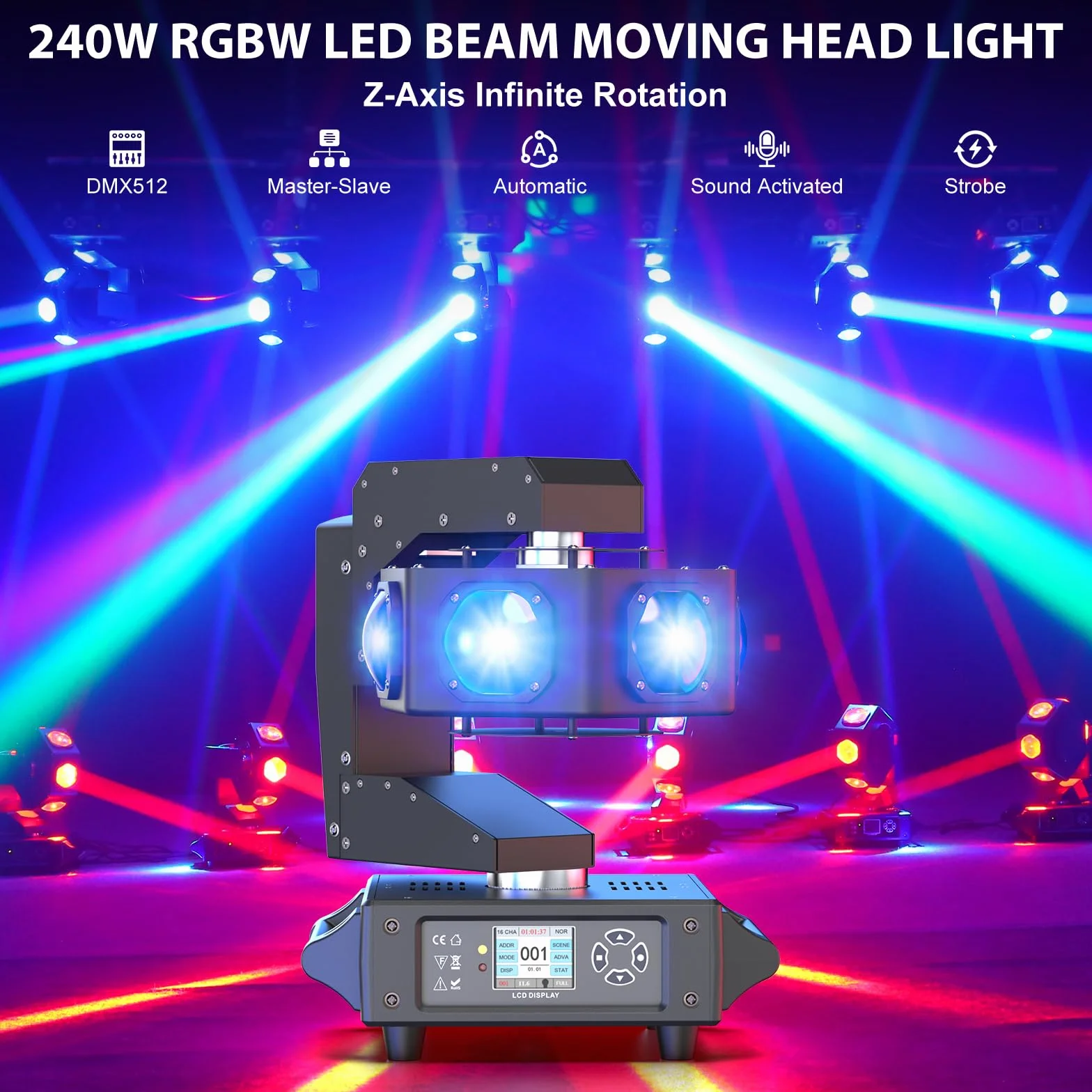 240W Cabeza Movil LED RGBW Beam Luz de Escenario 3 axis Rotación infinita luz Foco Luces de Discoteca para Halloween DJ bar cumpleaños discoteca