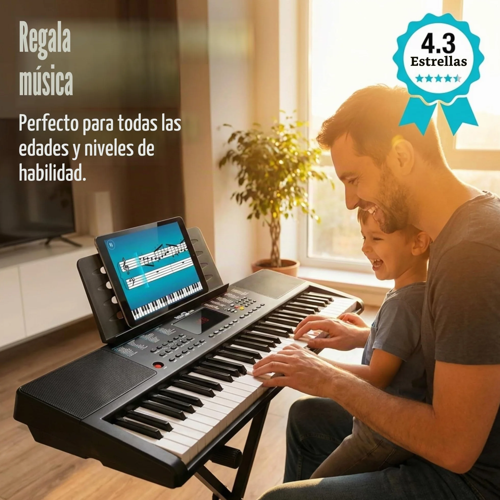 Teclado RockJam compacto de 61 teclas con soporte para partituras, fuente de alimentación, pegatinas para notas de piano y lecciones de piano simples