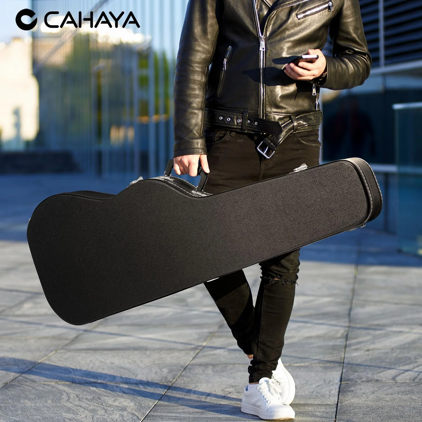 CAHAYA Funda Rígida Tipo Maleta para Guitarra Eléctrica, Acolchado de 25 mm, Resistente al Agua, Diseño de PU Fácil de Limpiar, Líneas Blancas y Negras