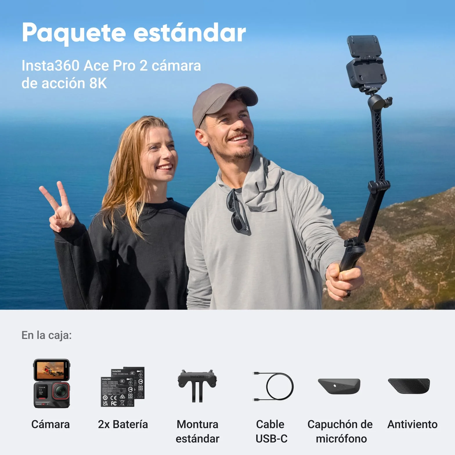 Insta360 Ace Pro 2 Paquete de batería Dual estándar Cámara de acción Impermeable 8K co-diseñada con Leica Sensor 1/1.3" Chip AI Dual Poca luz Pantalla abatible