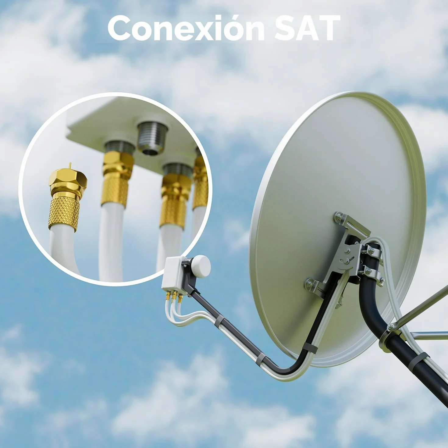 deleyCON Cable Coaxial SAT 130dB 4 Capas 30m DVB-S+S2 DVB-T DVB-C 4K HDTV 10 Conectores F Dorados