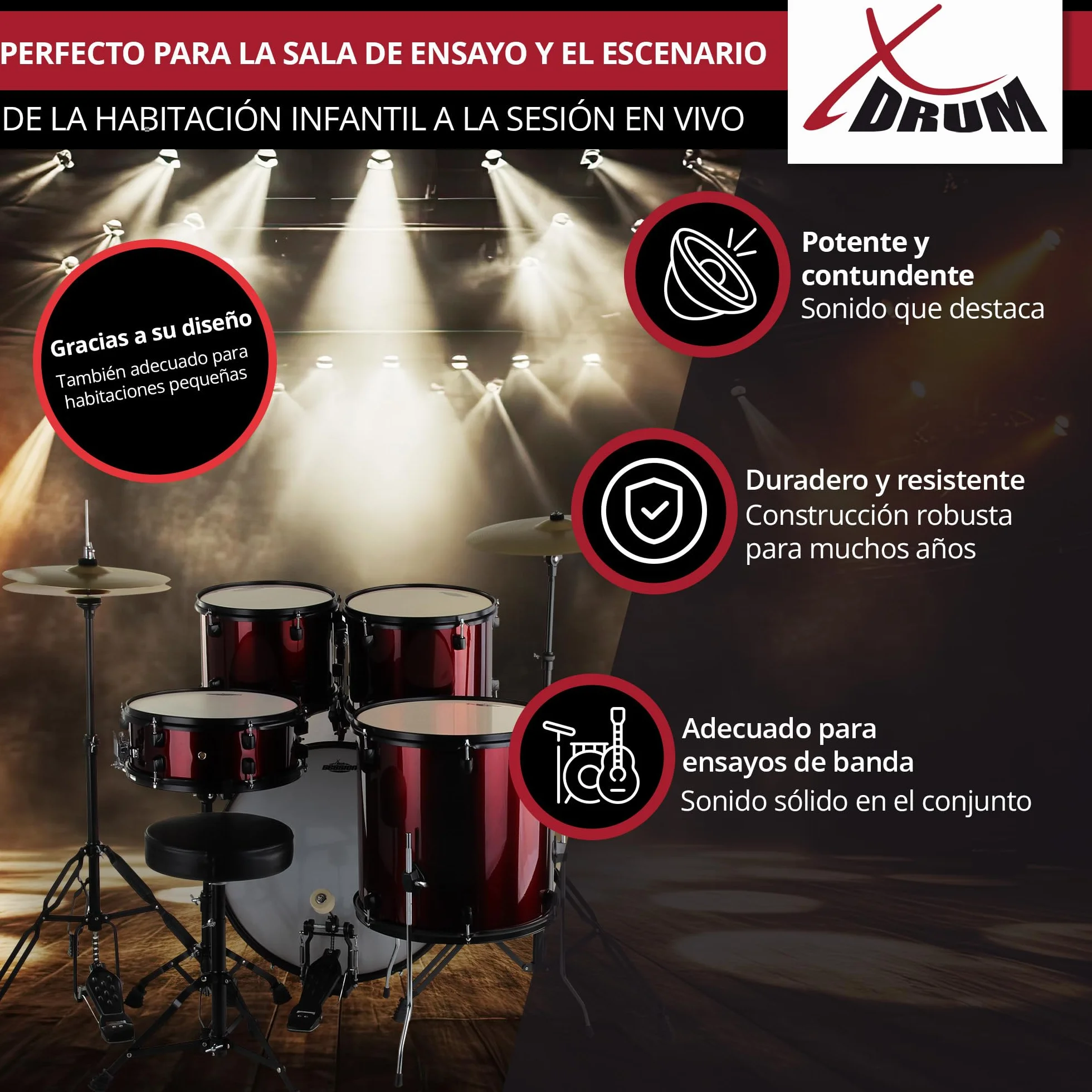 XDrum Rookie 22" Standard Juego Completo de Batería Ruby Red - Ideal para Principiantes - Hardware Estilizada en Negro - Incluye Baquetas 5B, Manual de Montaje y Escuela de Batería - Rojo