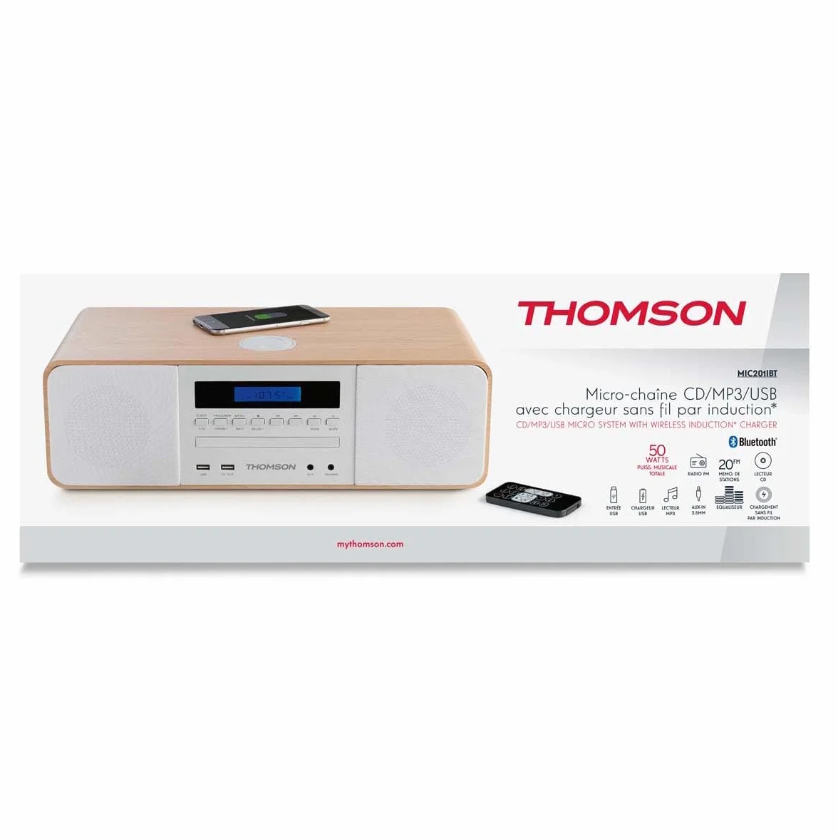 Thomson MIC201IBT - Microcadena cd bluetooth, compacta HiFi, cargador por inducción, radio FM, reproductor cd, USB reproductor, puerto de carga USB, toma auricular, AUX-IN, 50W, mando a distancia.