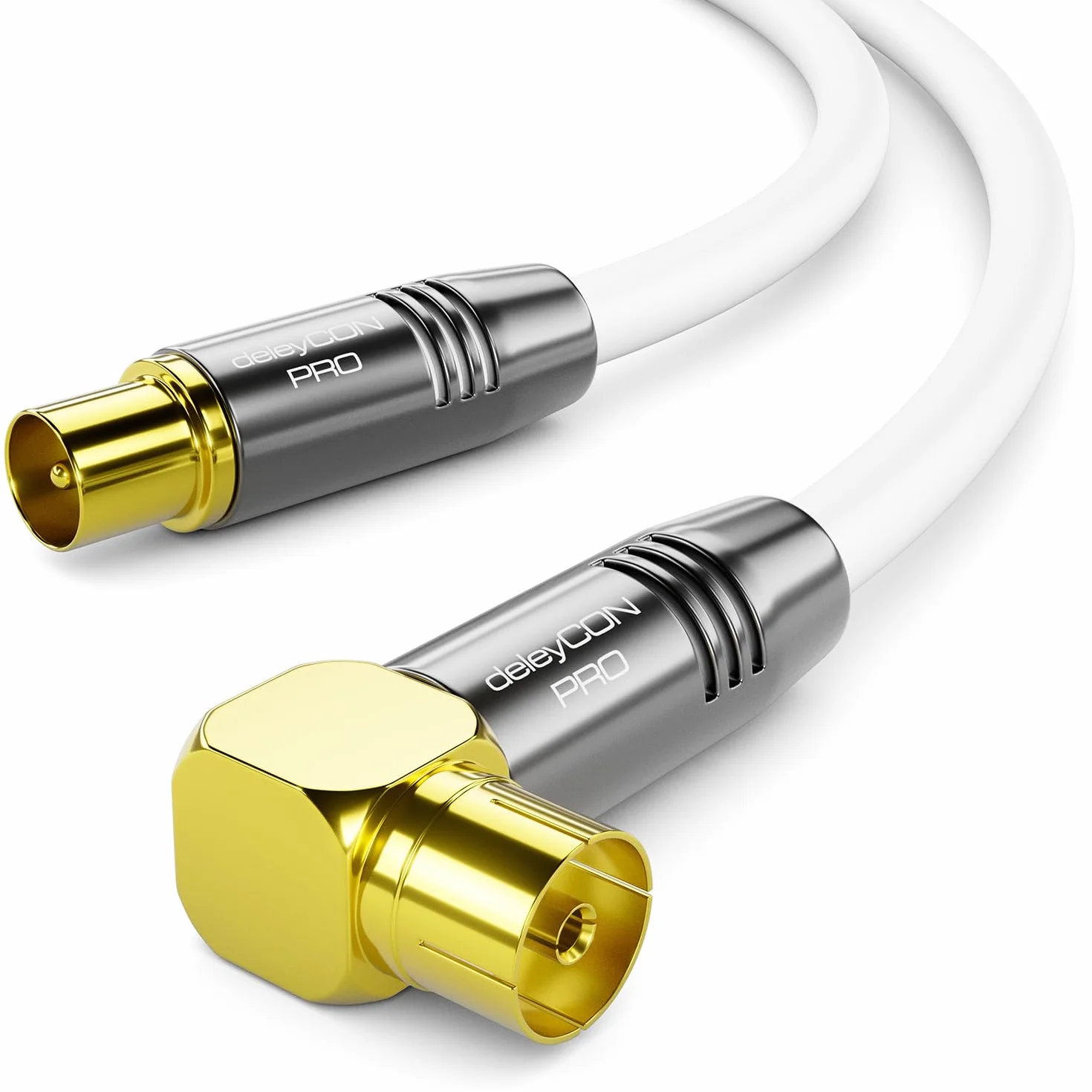 deleyCON 3,0m Cable Antena TV 4K - 4K Ultra-HD Full HD HDTV - 1x Acodado - Cable Coaxial - Conector IEC (Recto) a Toma IEC (90° Grados) - Conector Metálico - Blanco
