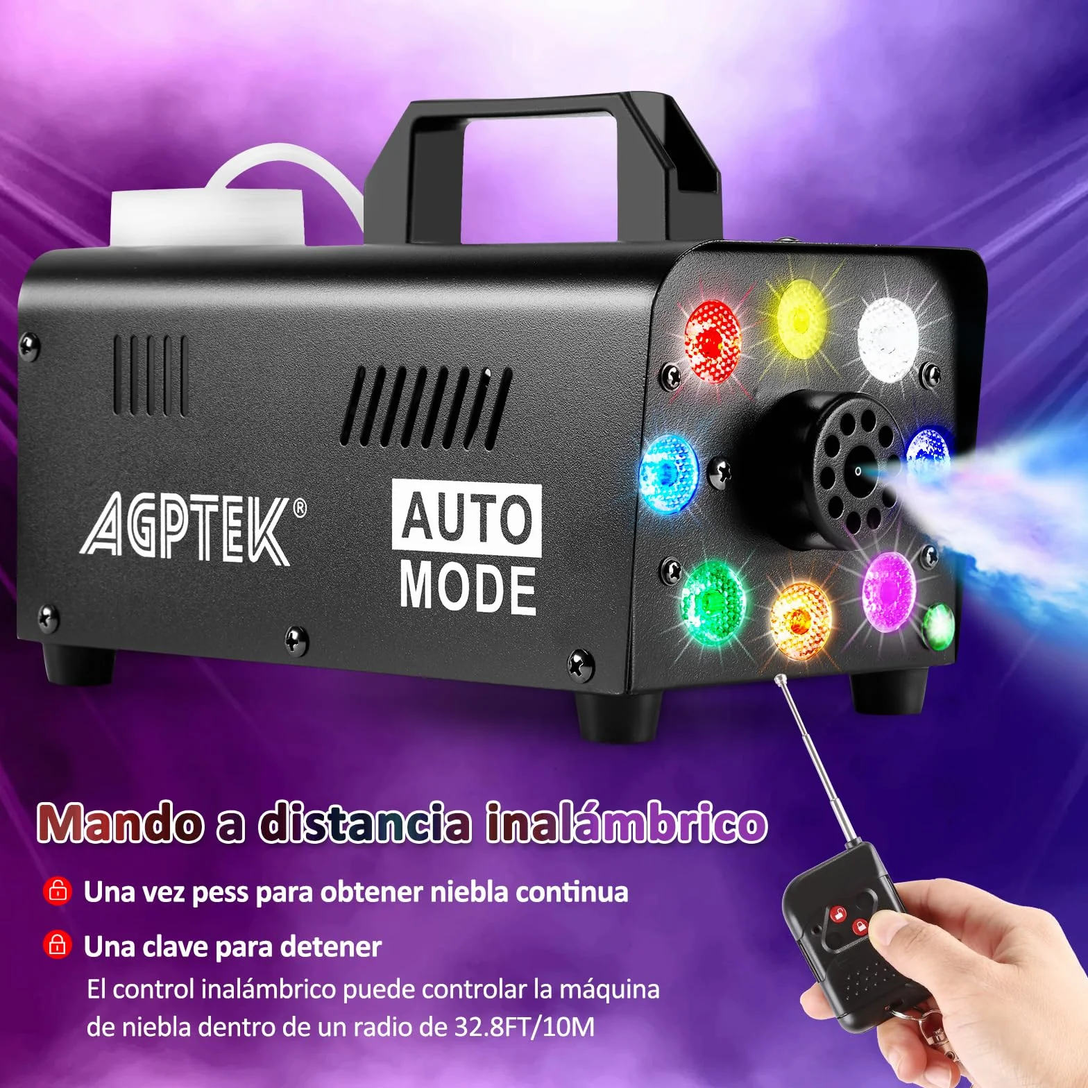 AGPTEK Máquina de humo con mando a distancia inalámbrico y 8 luces LED, estable y portátil, ideal para Halloween, Navidad, bodas, actuaciones en el escenario, etc.
