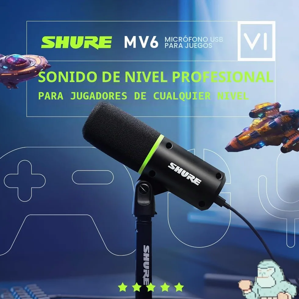 Shure MV6 Microfono par Juegos, Micrófono USB dinámico para PC para Juegos y Streaming - Soporte de Sobremesa de Base Redonda, Cancelación de Ruido de Fondo, Tap-to-Mute, 3.5mm Salida