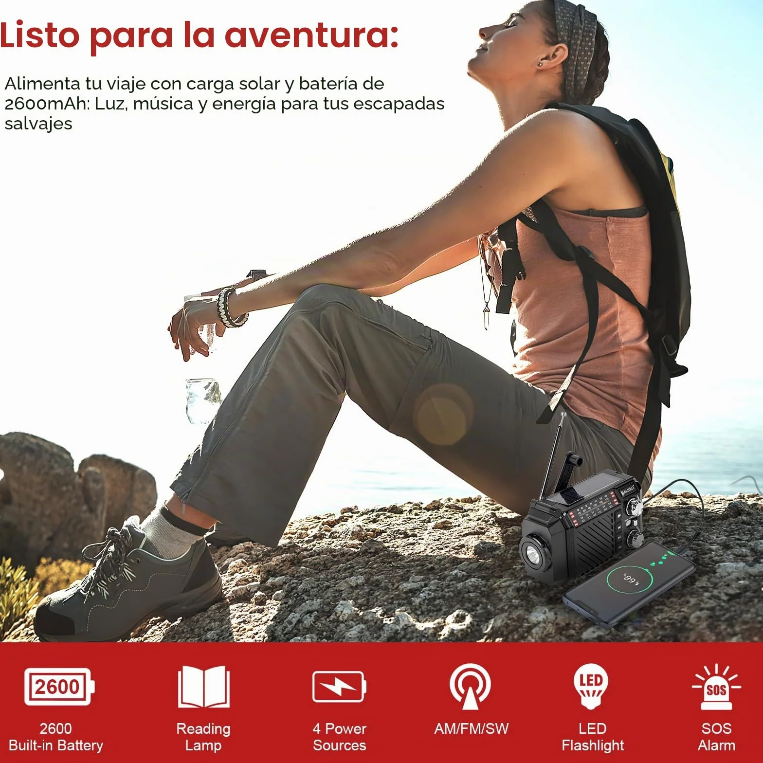 Radio de Emergencia con Manivela y Solar, Radio Portátil Pequeña Am/FM/SW, Linterna LED, SOS, Power Bank 2600mAh Recargable para Supervivencia y Camping - Negro