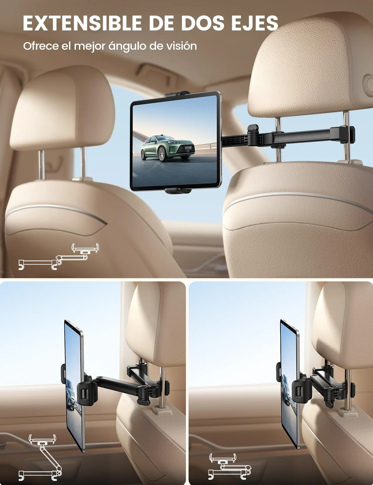 Lamicall Soporte Tablet Coche para Reposacabezas - [Clip Plegable] [con Cerradura] Brazo Metálico, 360° Rotación, Soporte Tablet Plegable para iPad Pro, Air, Mini, Galaxy Tab, y 5,4-13" Dispositivo
