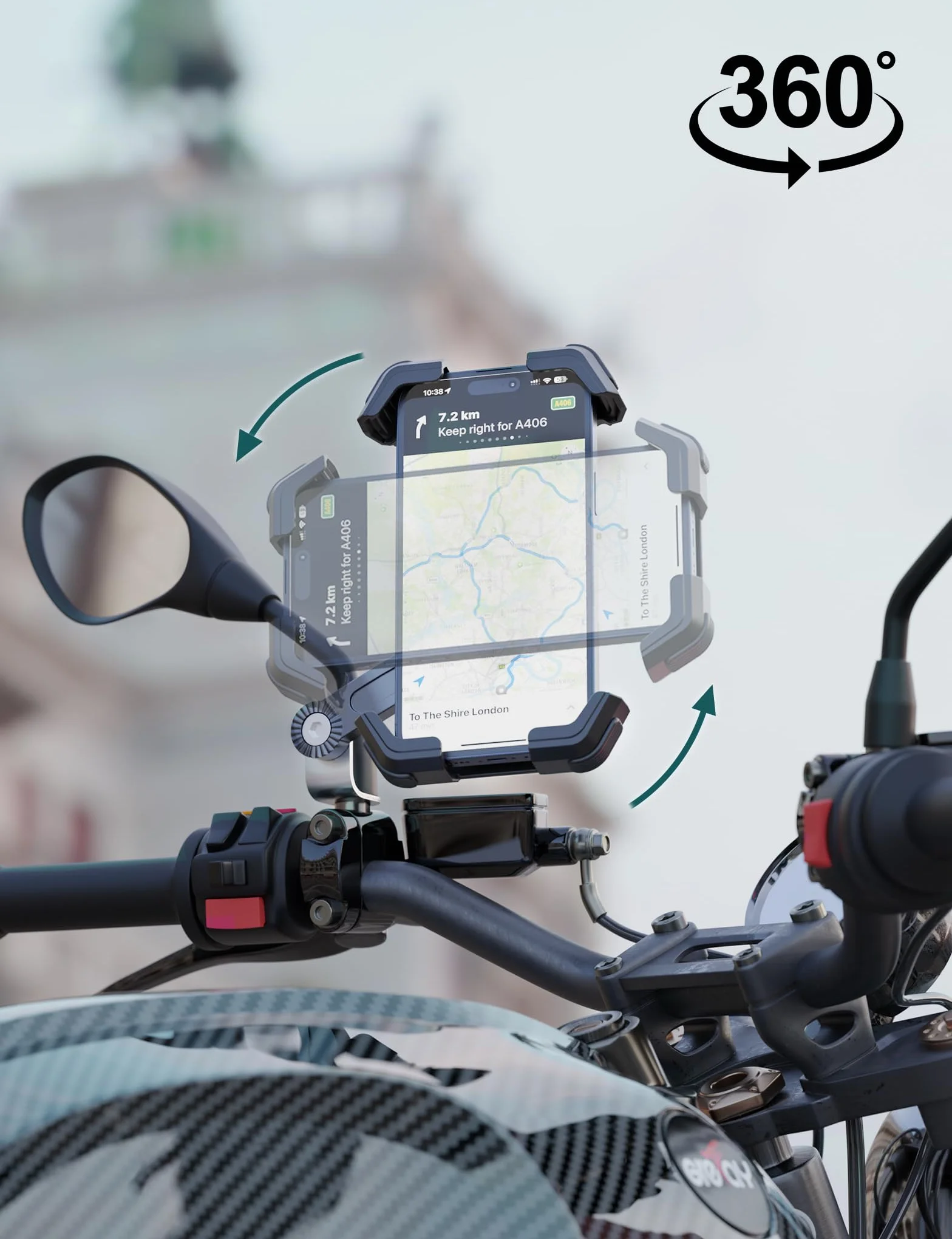 Soporte Universal para teléfono de Motocicleta, Doble amortiguación de vibración, rotación 360°, para Smartphone 4.5-7.2 Pulgadas (Negro)