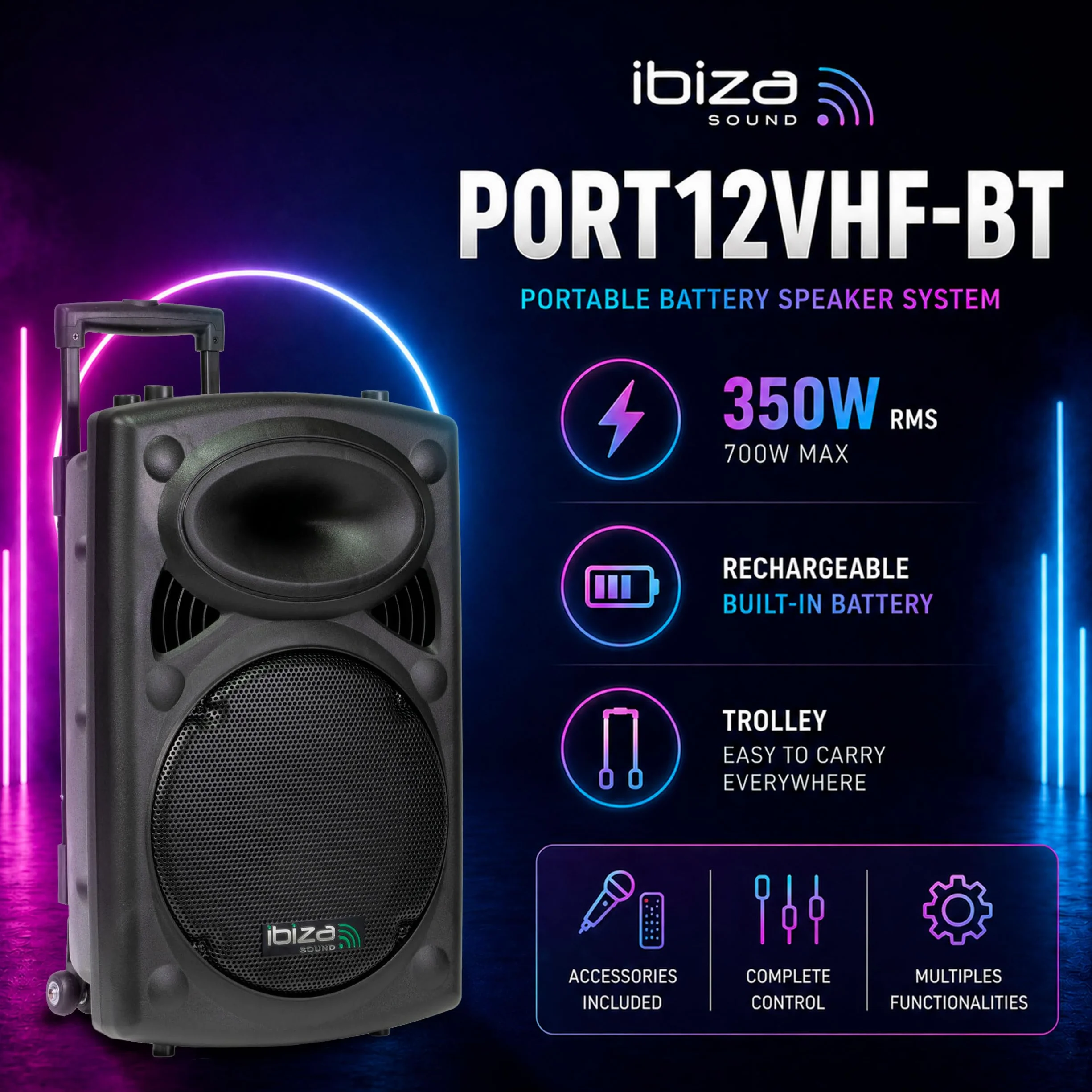 Ibiza PORT12VHF-BT Altavoz PA Portátil 12" 700W Máx. 350W RMS con 2 Micrófonos VHF TWS Trolley