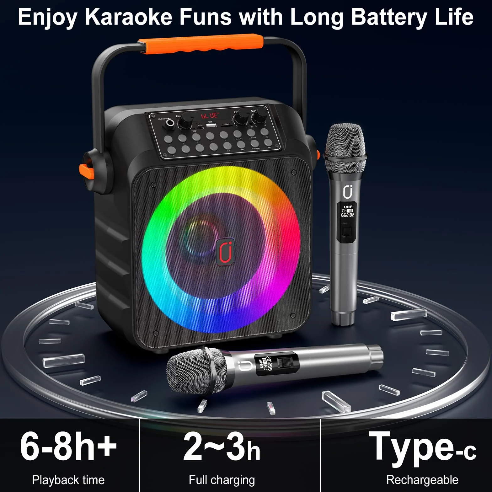 HWWR Karaoke Profesional Inalámbricos, Máquina de Karaoke Portátil con Micrófonos Inalámbricos para Adultos y Niños, Luces LED,USB/TF/AUX/Rec, Karaoke Compatible con Android/iPad/TV/PC