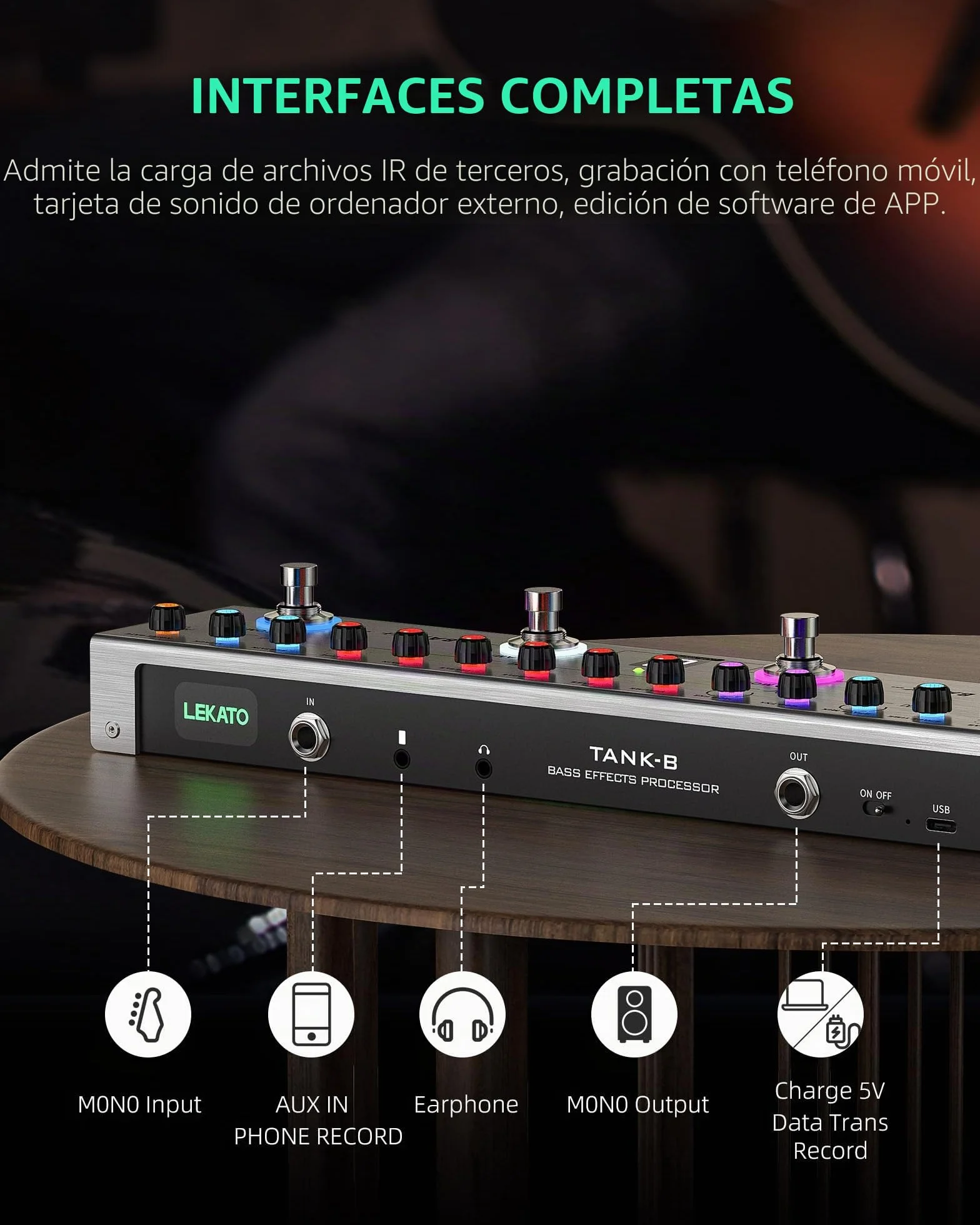 LEKATO Pedal Multi Efectos para Bajo con 36 Presets editables,Compresor,Space,MOD,Reverb,Carga IR,Grabación,Afinador,Batería incorporada,Conexión BT (Bajo)