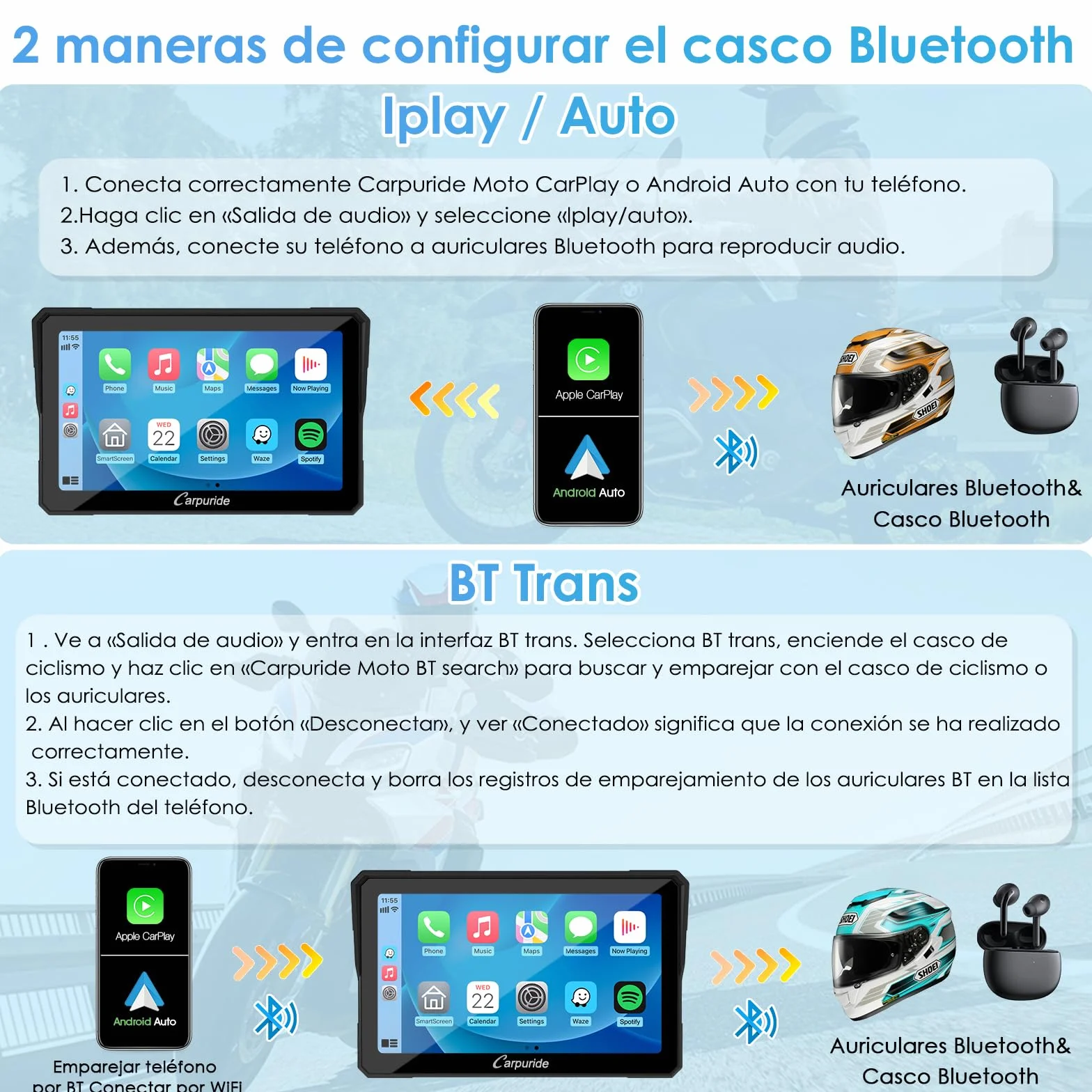 Carpuride W702B - Pantalla GPS Carplay para Motocicleta con Soporte Personalizado para BMW Motorbike, Inalámbrico CarPlay y Android Auto, Portátil 7 Pulgadas Impermeable Táctil Pantalla, Bluetooth
