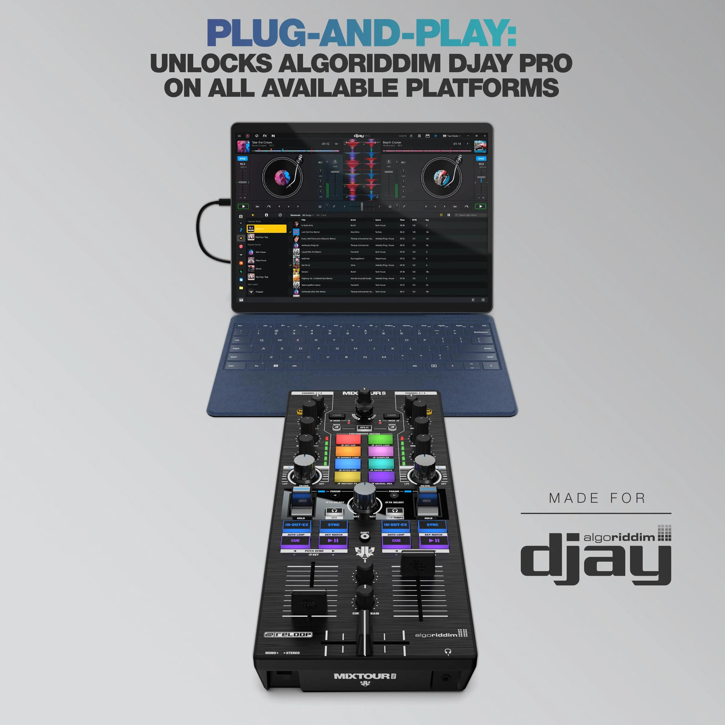 Reloop Mixtour Pro - Controlador de DJ ultraportátil todo en uno de 4 decks para Algoriddim djay Pro