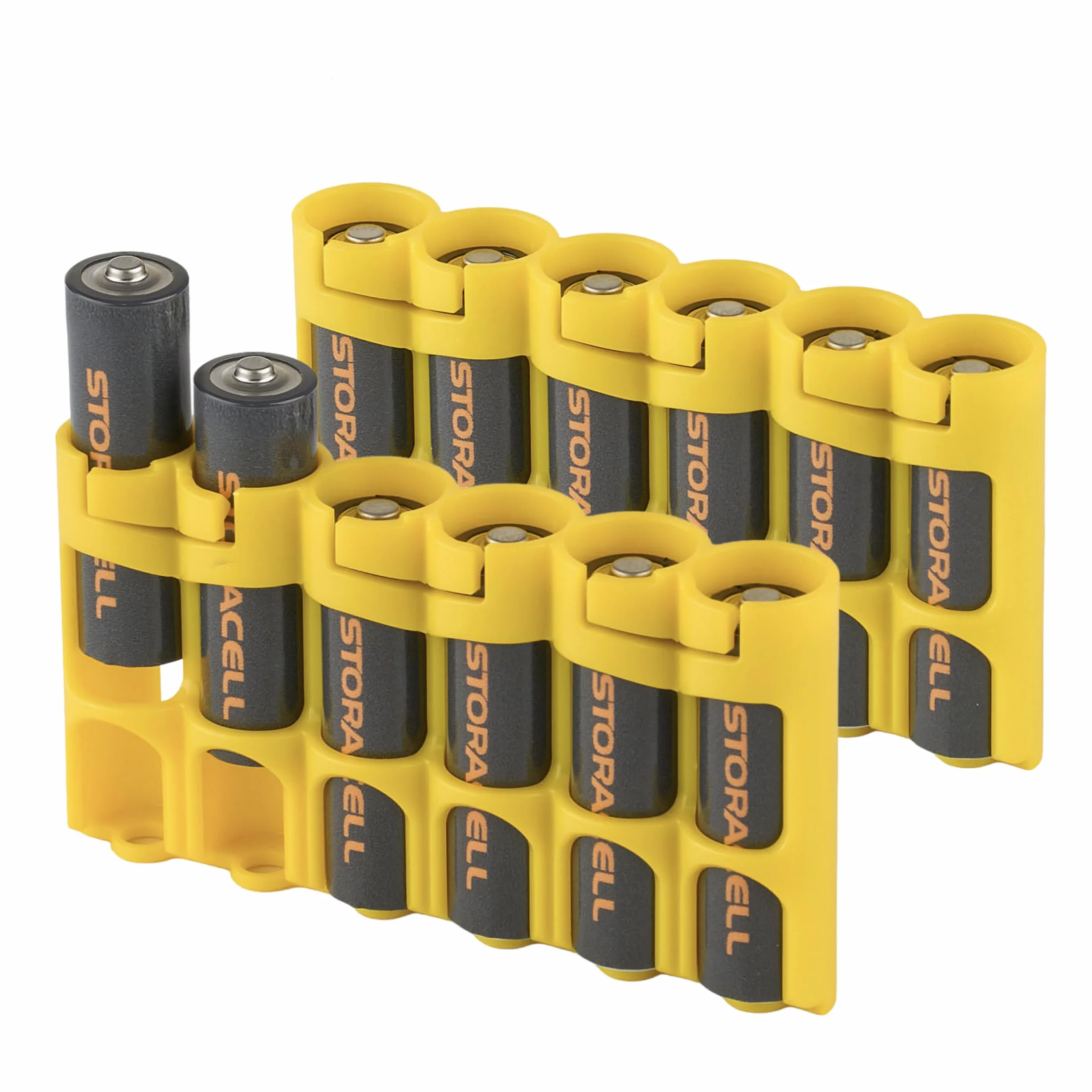 Storacell Organizador de almacenamiento de baterías AA (paquete de 2), amarillo, tiene capacidad para 6 pilas AA (no incluidas), el organizador de baterías original, fabricado en los Estados Unidos